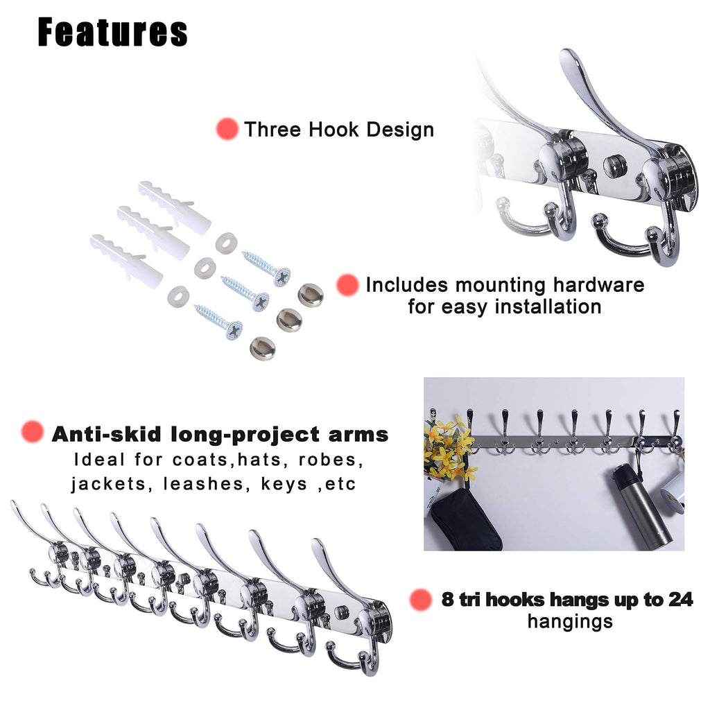 Dseap Heavy Duty Wall Mount Coat Rack – 74cm Stainless Steel 8-Tri-Hooks