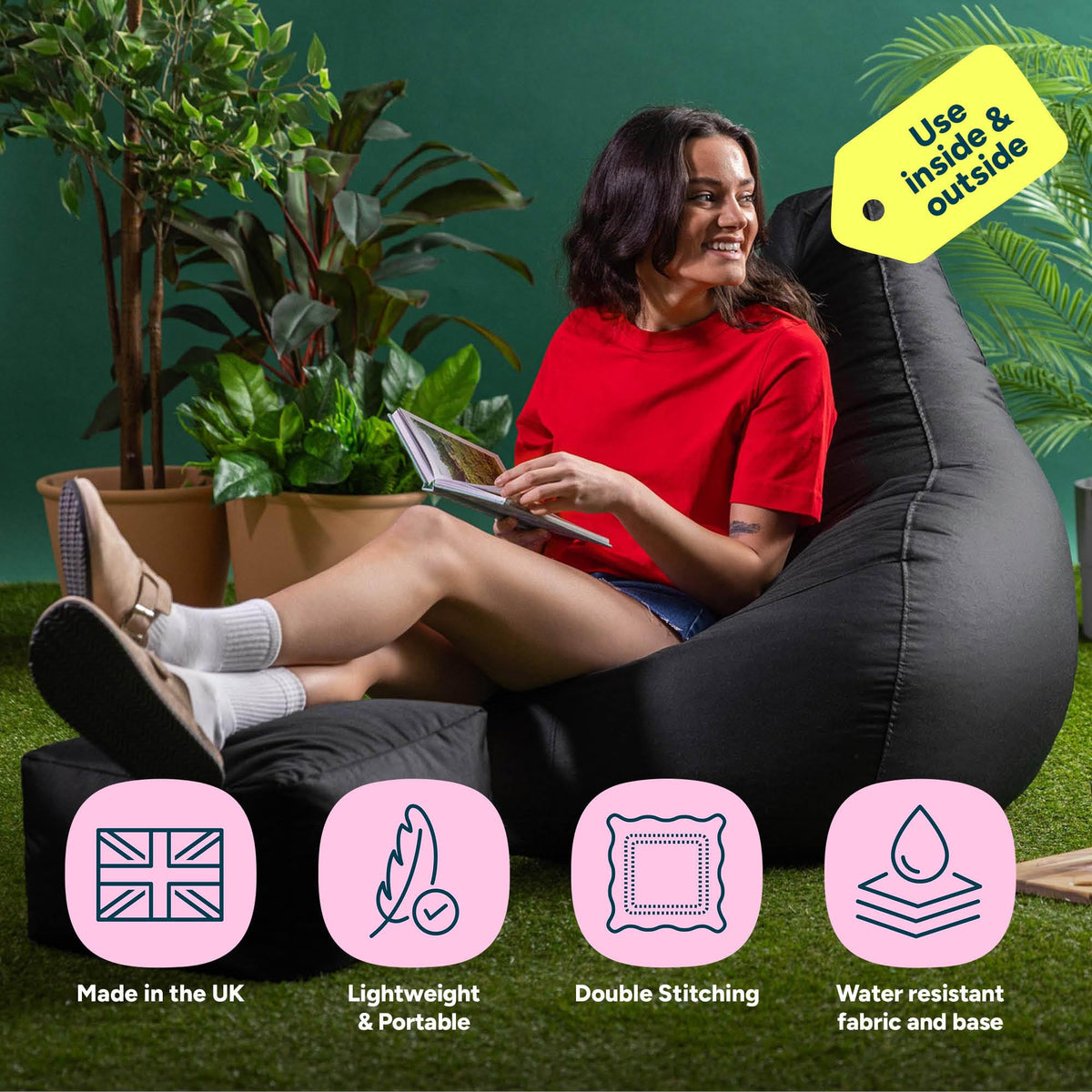 Bean Bag Bazaar Outdoor Bean Bag & Footstool with Filling Included, Black - image 2