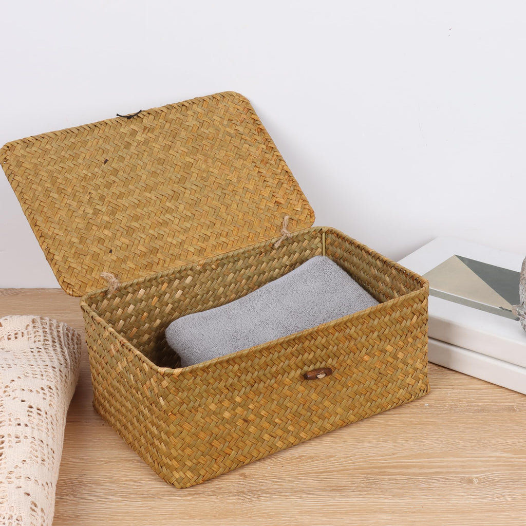 FEIALNDUO Wicker Shelf Baskets with Lid,Seagrass Storage Basket Bins Rectangular Handwoven Basket Boxes for Shelves Desktop Home Organizer - image 3