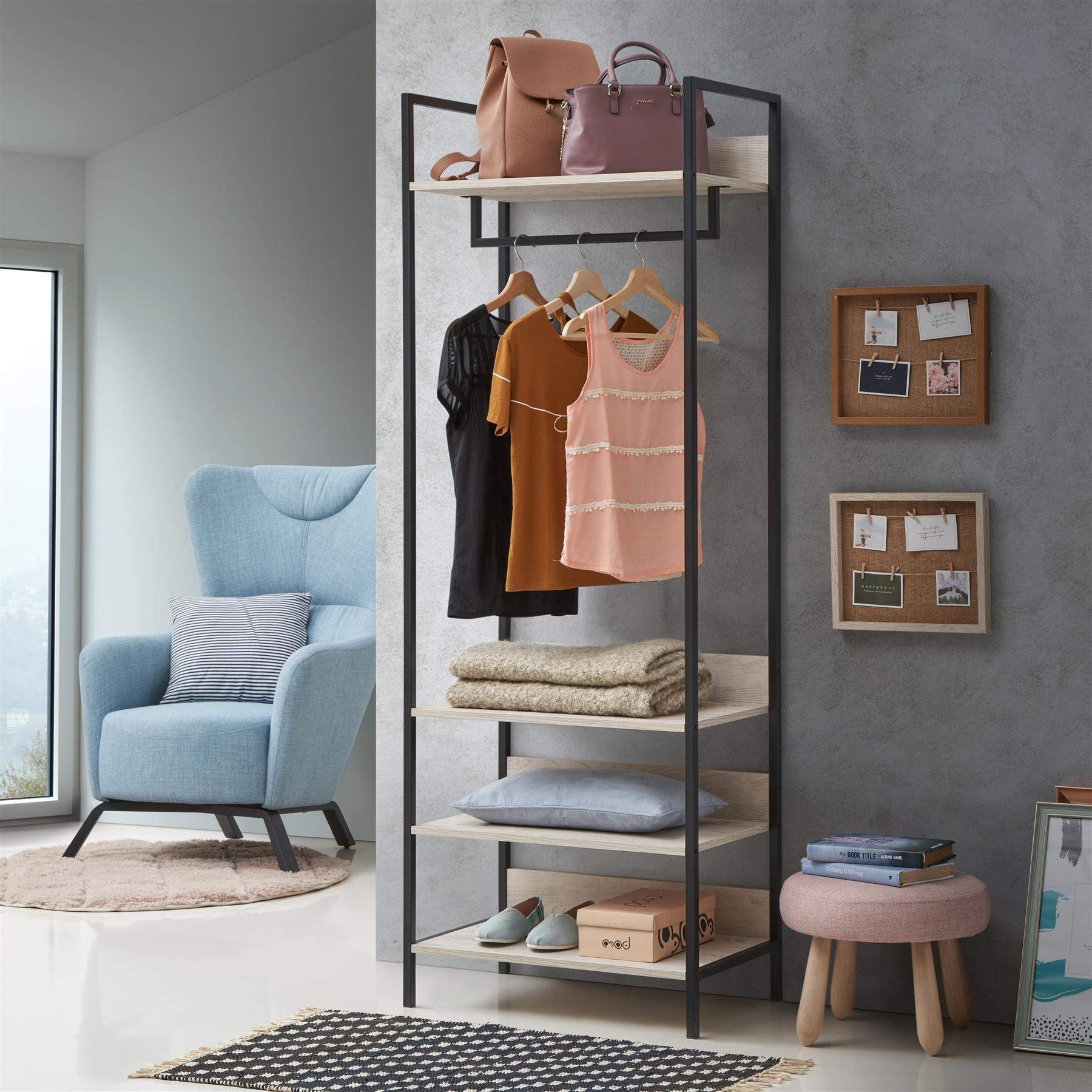 Timber Art Design Zahra Open Wardrobe – 4 Shelves & Hanging Rail, Ash Oak
