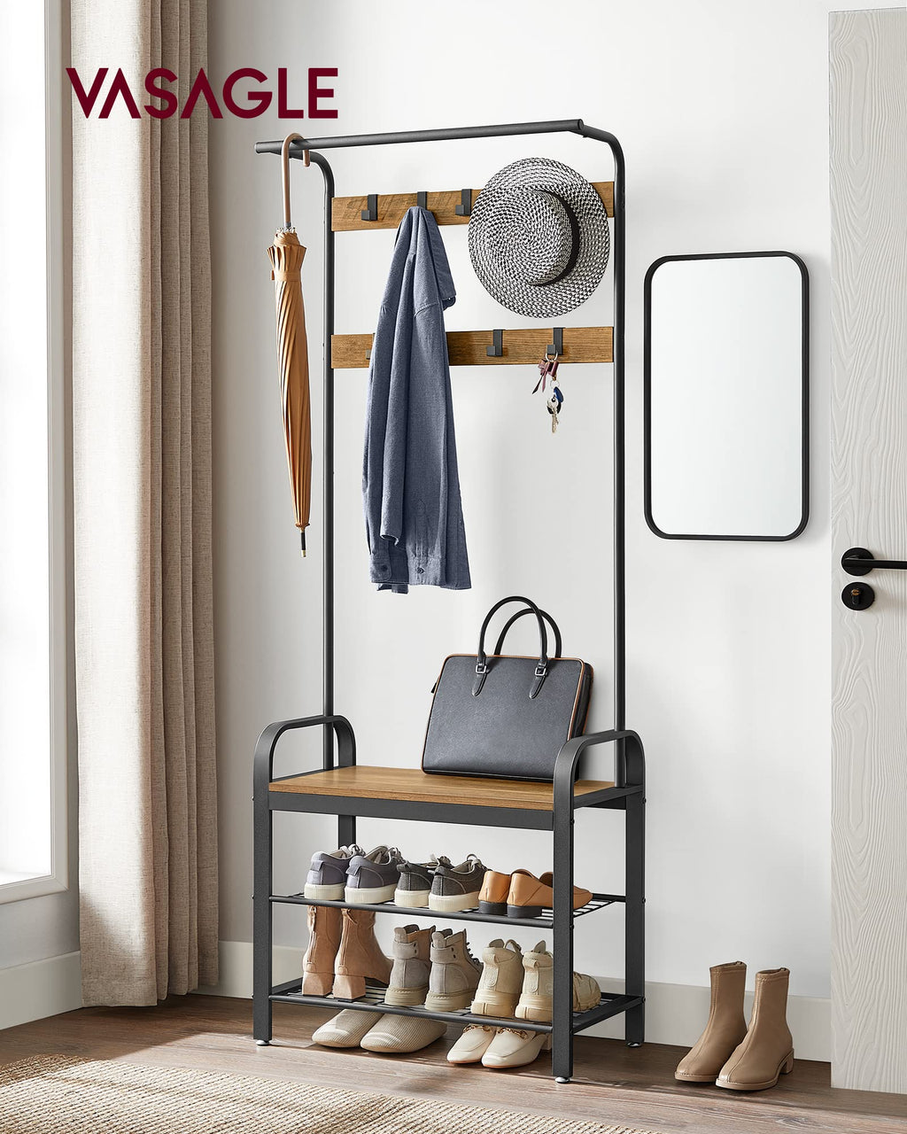 VASAGLE 4-in-1 Coat Rack with Shoe Storage Bench and 9 Hooks – Industrial
