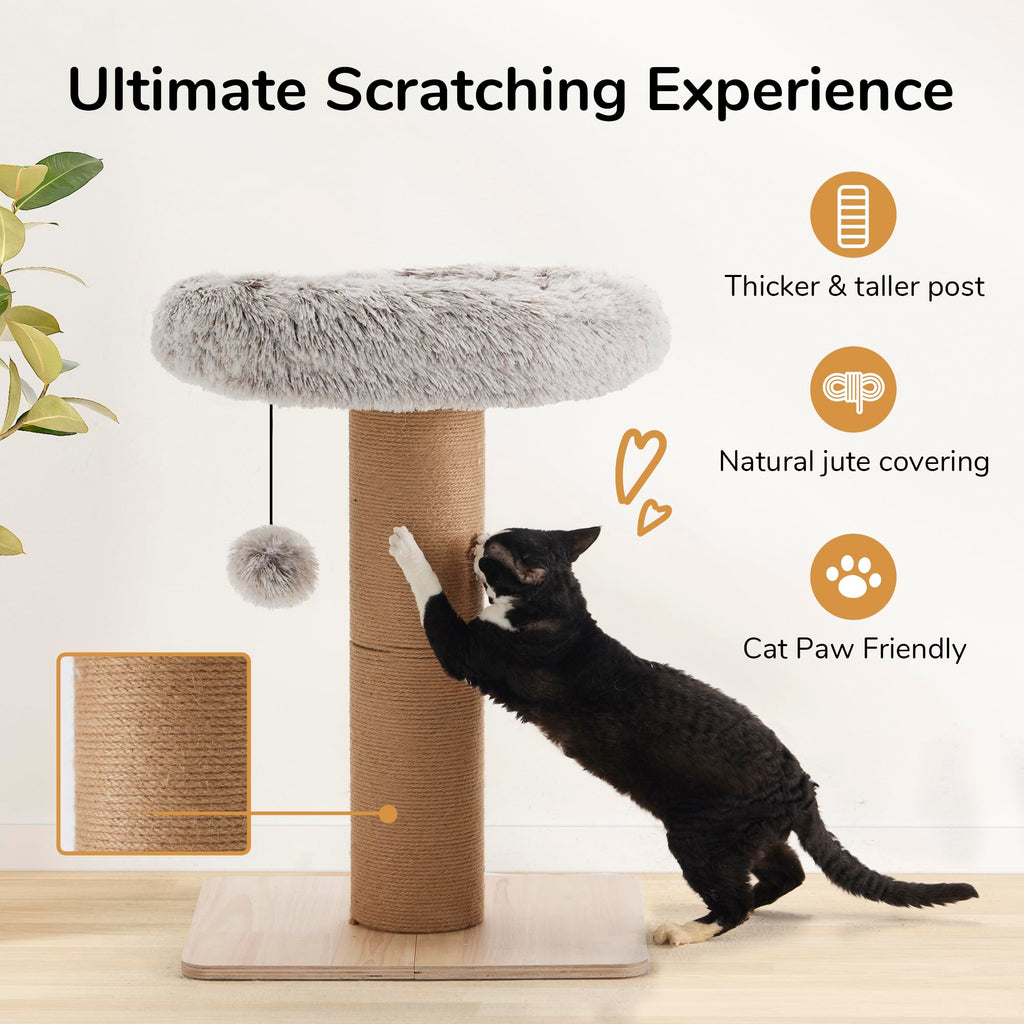 FUKUMARU Cat Scratching Post with Bed | Solid Wood Jute Cat Tower