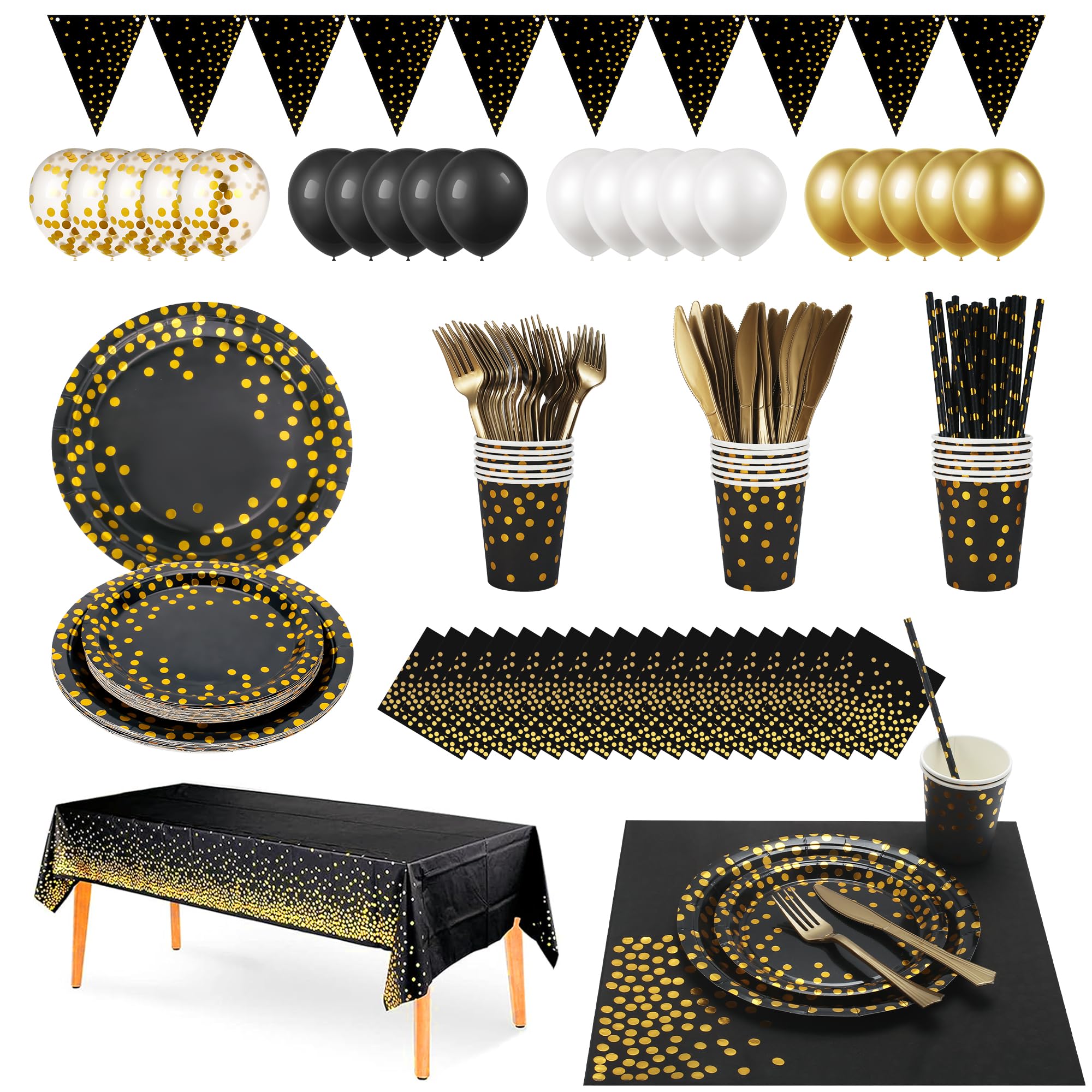 Black and Gold Party Tableware Set – 171 Piece Disposable Set