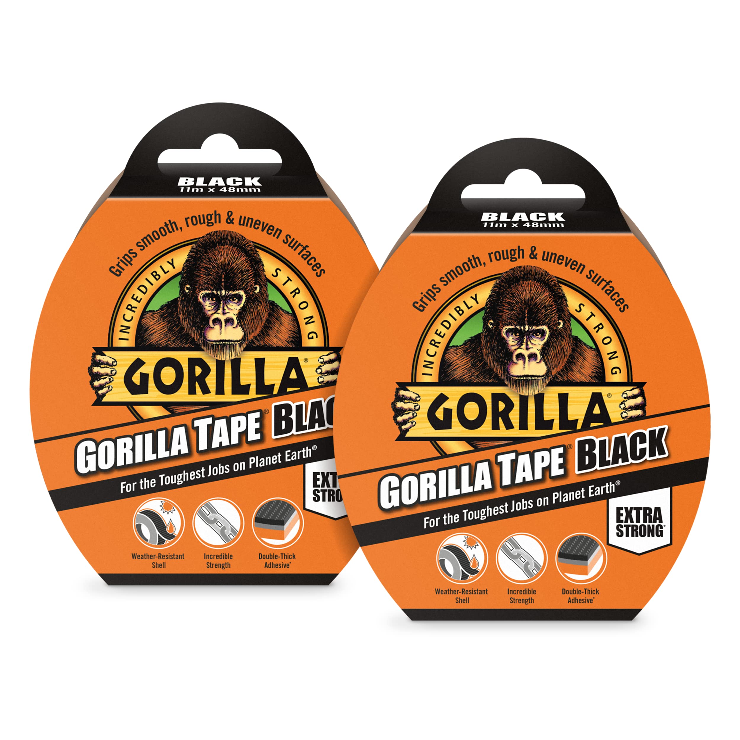 Gorilla Tape Black Heavy-Duty Weatherproof Adhesive Tape, 32m (2 Pack)