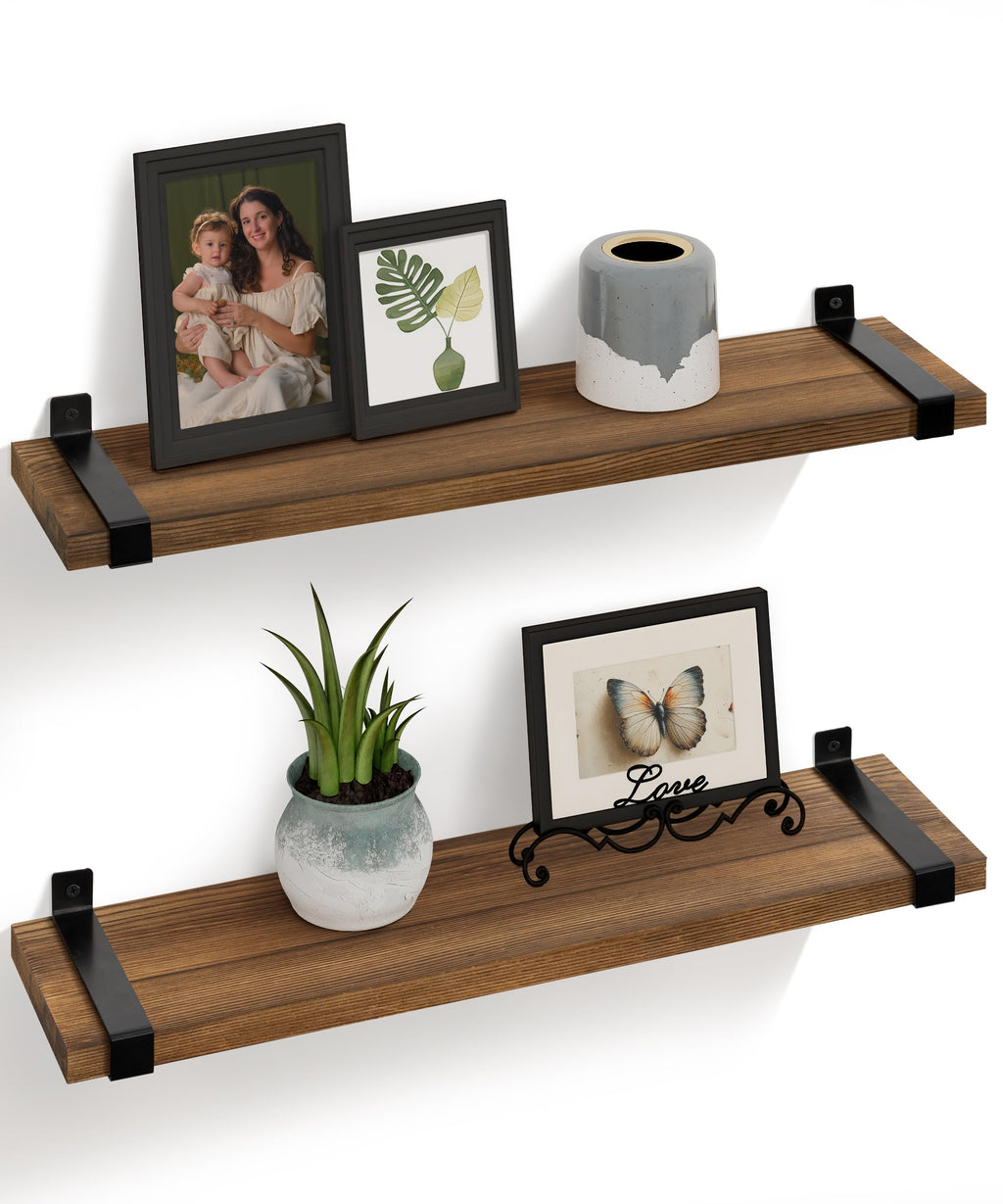 Gronda 60CM Rustic Floating Shelves – Dark Pine Wood Wall Storage, Set of 2