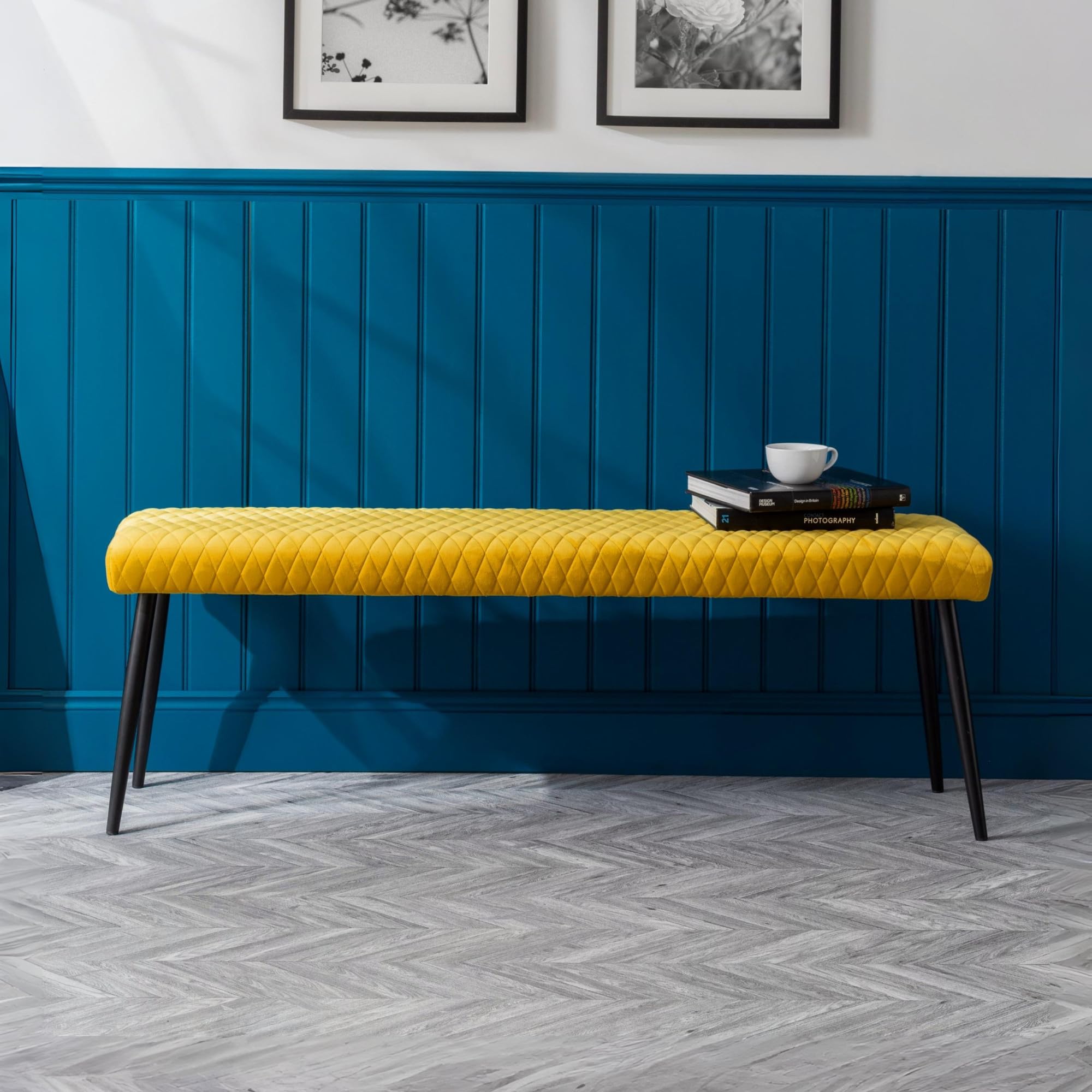 Julian Bowen Luxe Low Bench – Mustard Velvet Upholstered Dining Seat