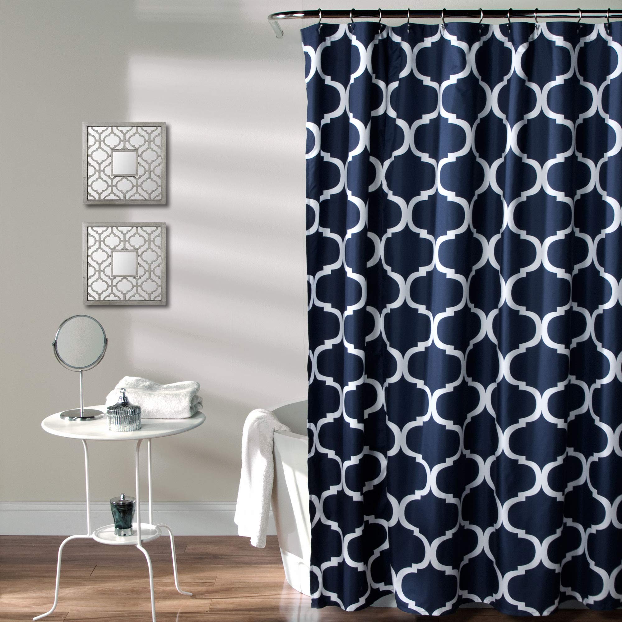 Lush Decor Navy Trellis Shower Curtain | 72x72 Soft Fabric Bath Liner