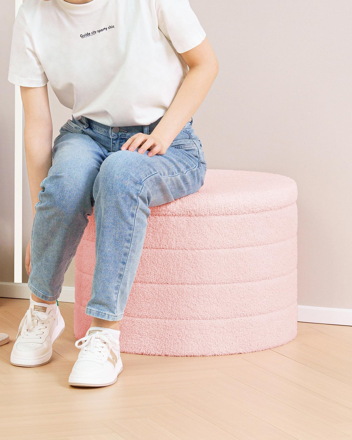 Bonlife Extra Large Folding Round Ottoman with Storage,Boucle Ottoman Stool, Footstool Seat Coffee Table,Toy Box Storage,Footrest Stool for Living - image 3