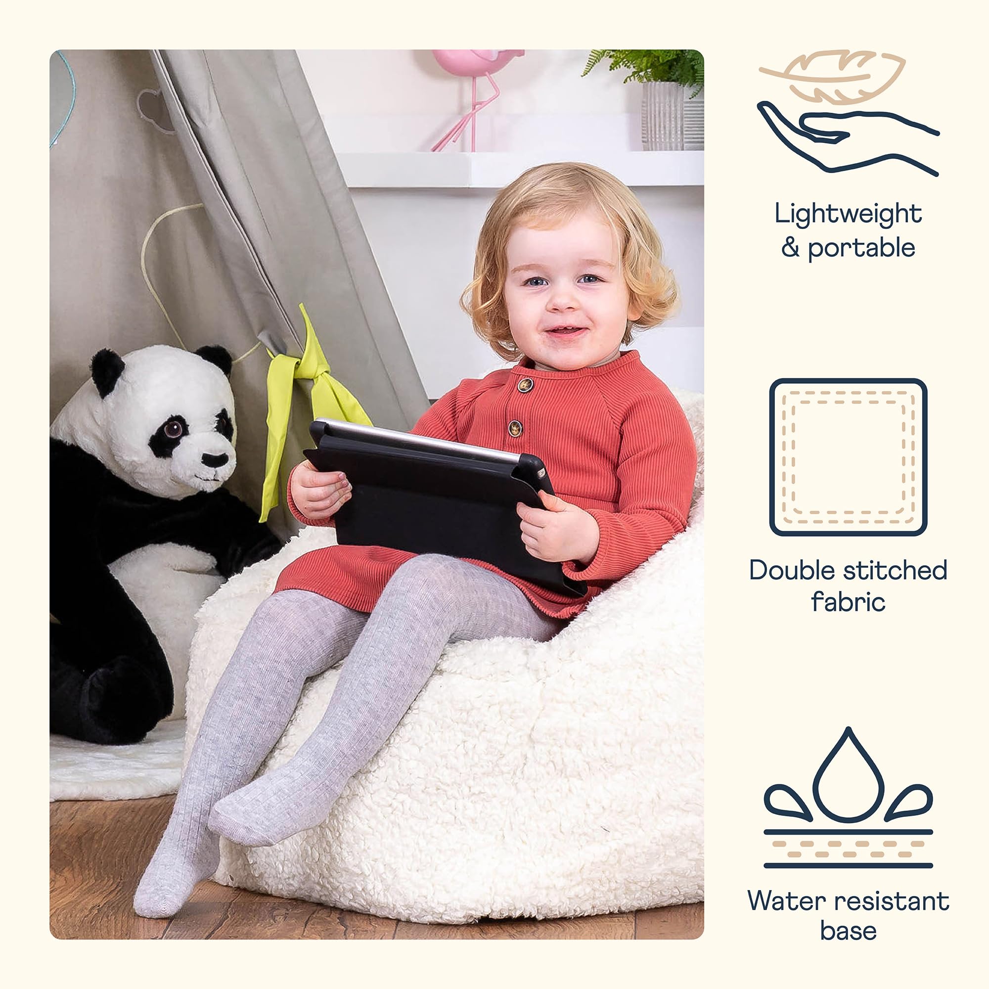 icon Kids Teddy Fleece Bean Bag Chair | Cream Fluffy Toddler Armchair