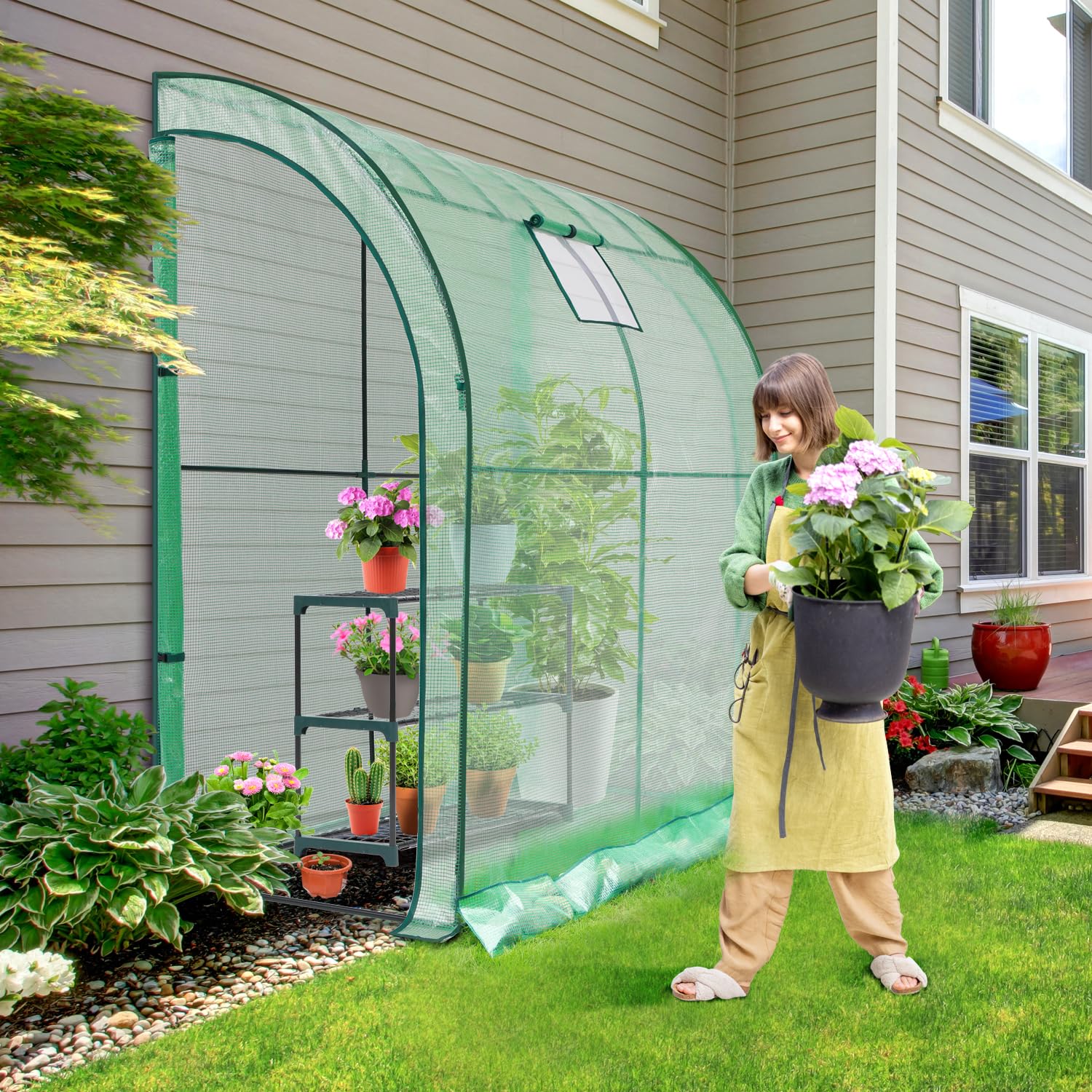 Ohuhu Lean-to Greenhouse with 3-Tier Shelving | Portable Walk-in PE Cover