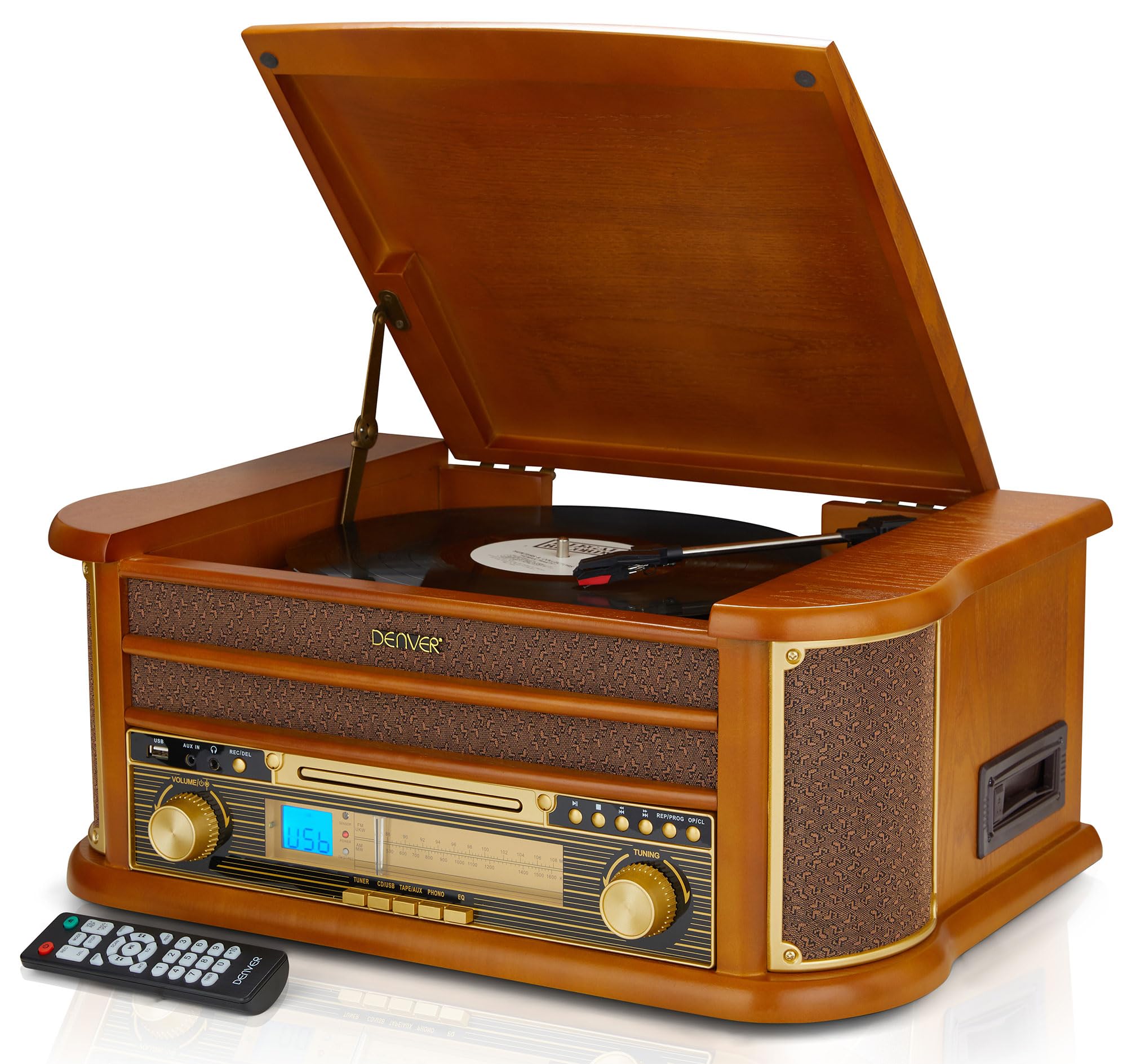 Denver MCR-50BT 8-in-1 Retro Wooden Record Player & HiFi System