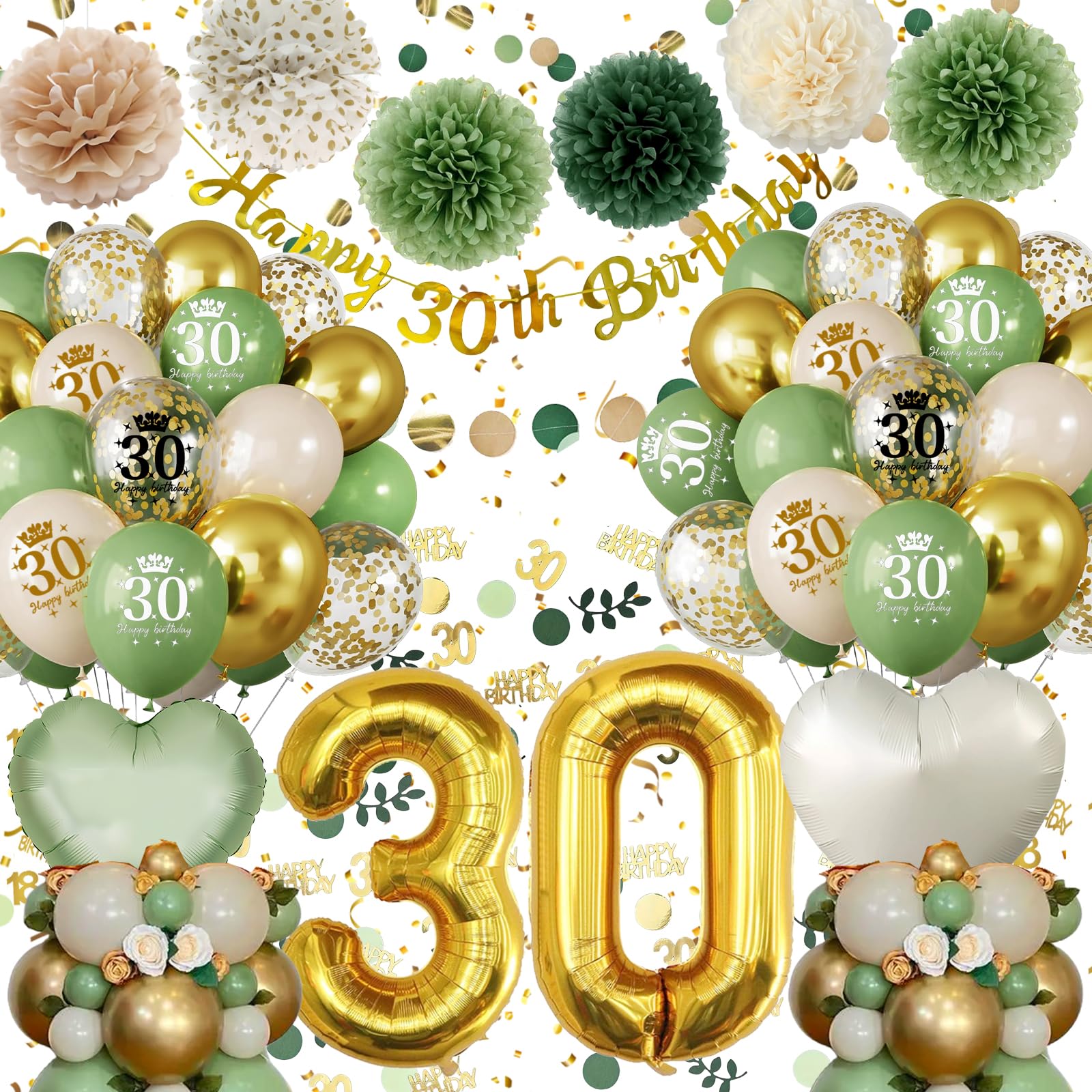 30th Birthday Decorations - Green Gold Balloon Set with Banner