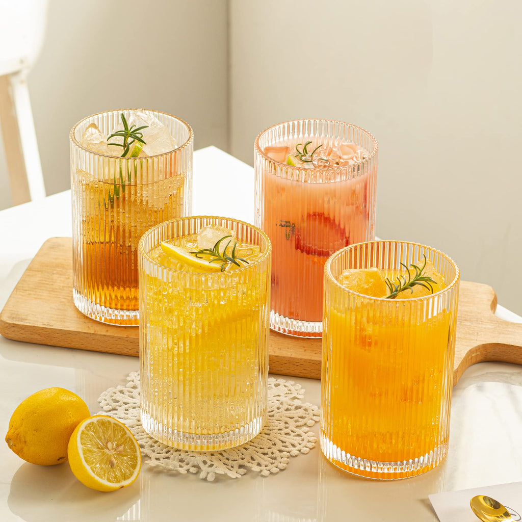 POLIDREAM Ribbed Glassware Set | 16.9oz XL Fluted Origami Drinking Glasses