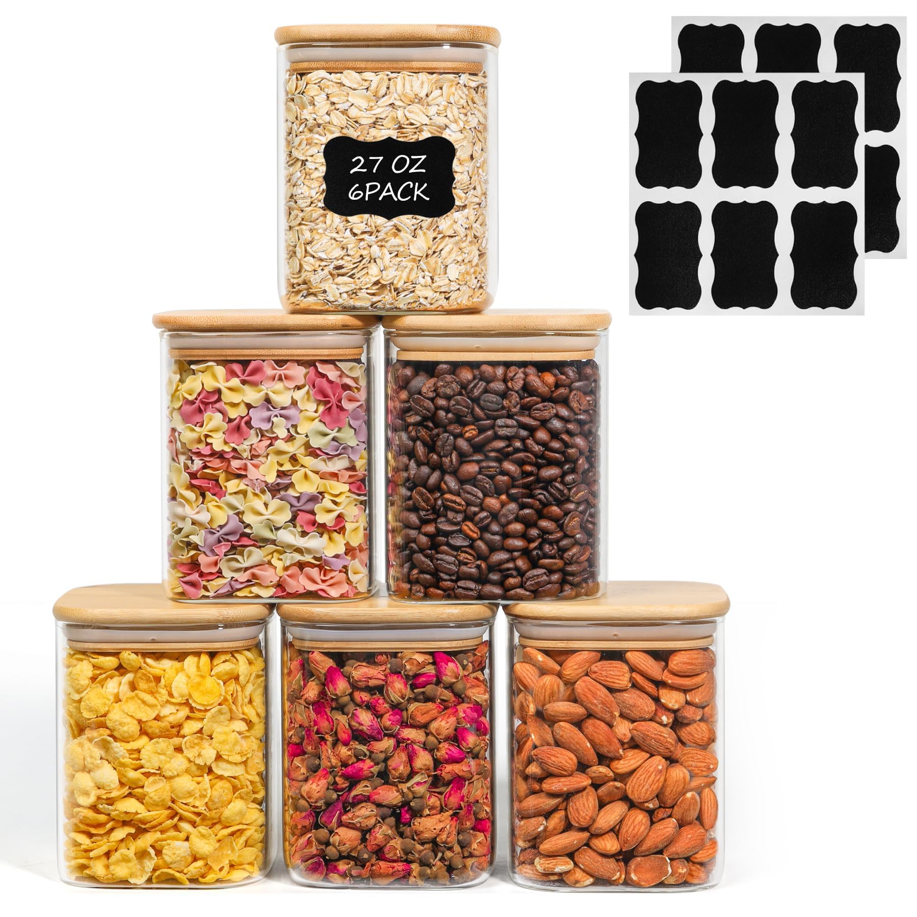 27oz Glass Food Storage Jars with Airtight Bamboo Lids - Set of 6
