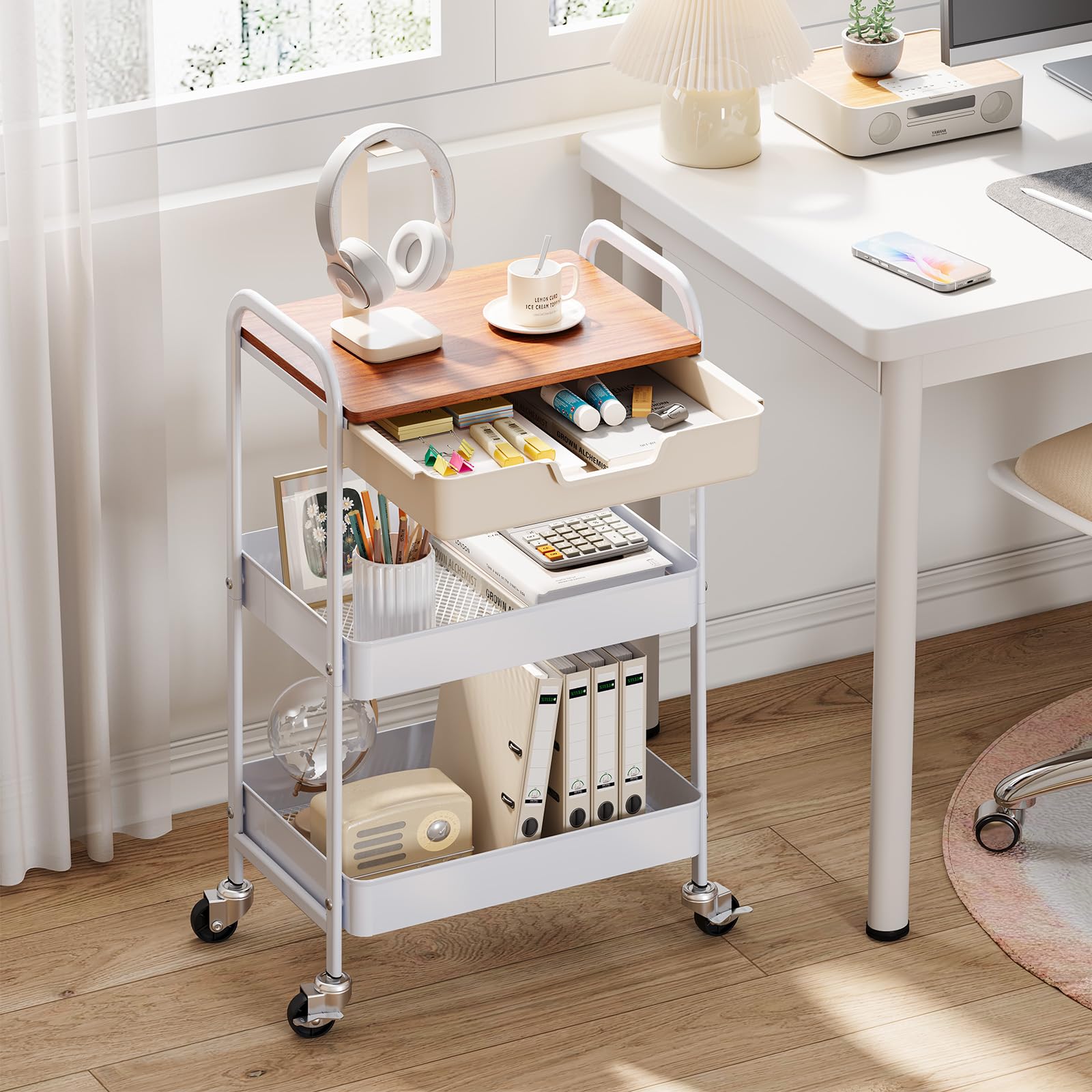 KINGRACK 3-Tier Rolling Utility Cart with Wooden Board and Drawer | White