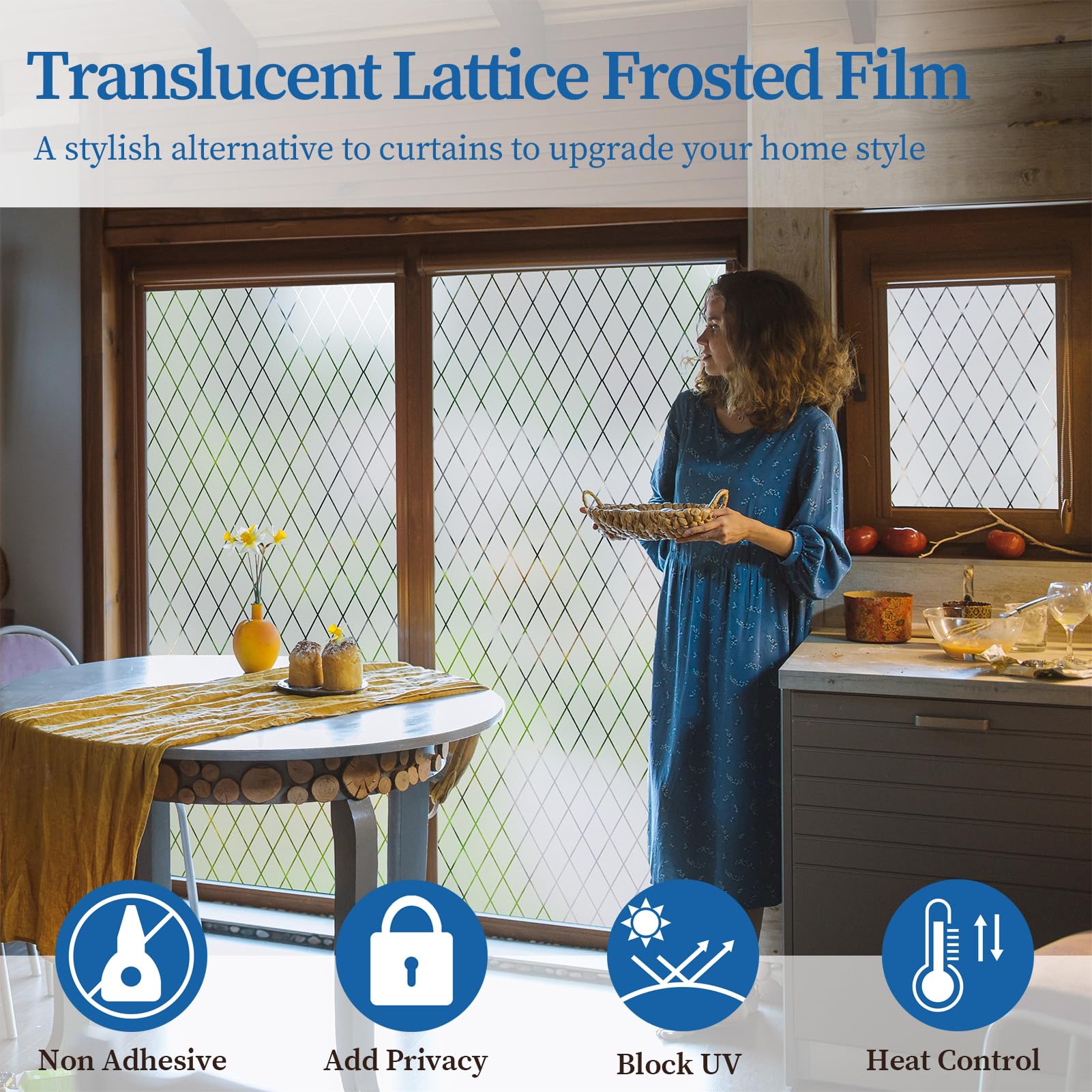 FEOMOS Frosted Lattice Window Privacy Film | UV Rejection Static Cling