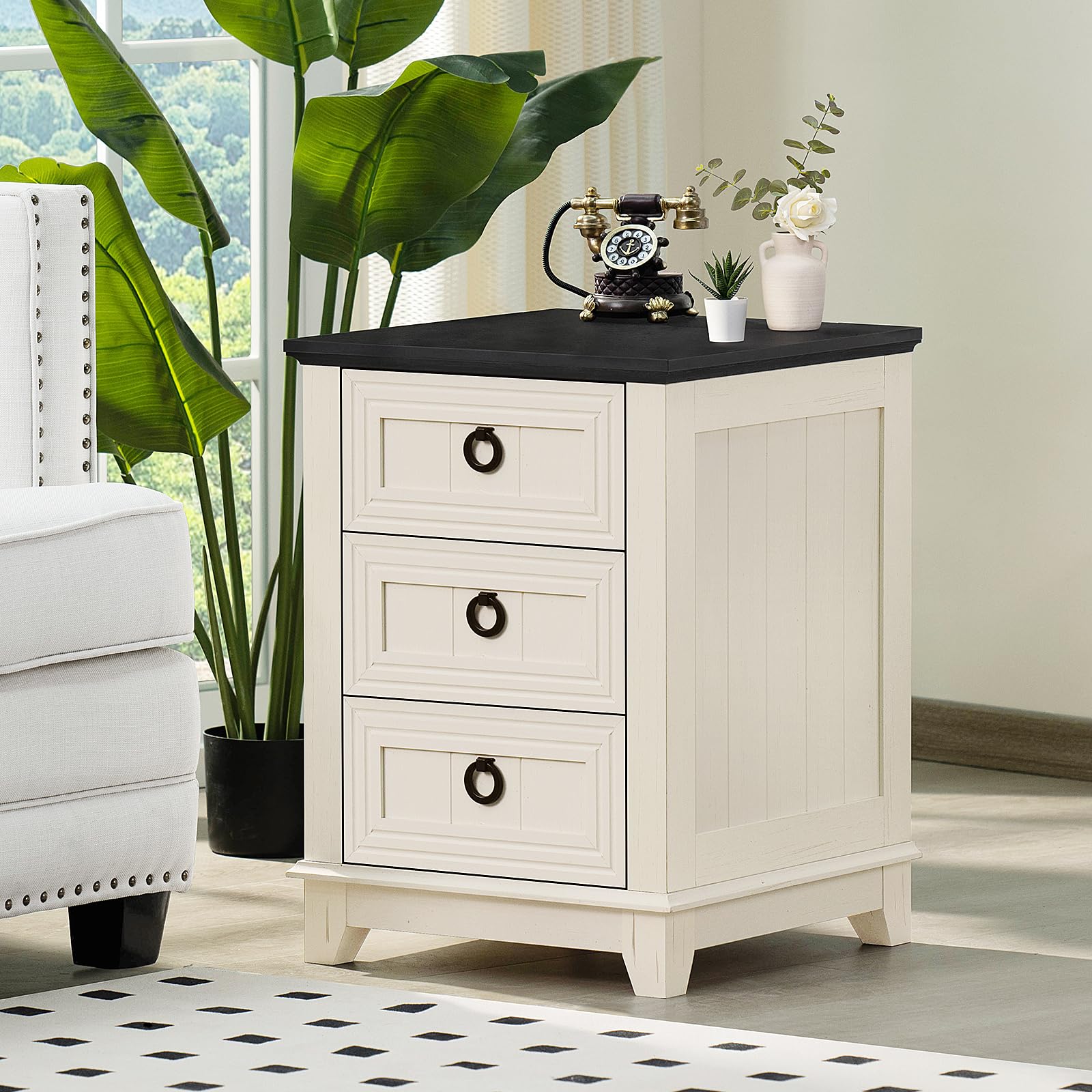 LELELINKY 46cm Country Style Wooden Bedside Table with 3 Drawers - White