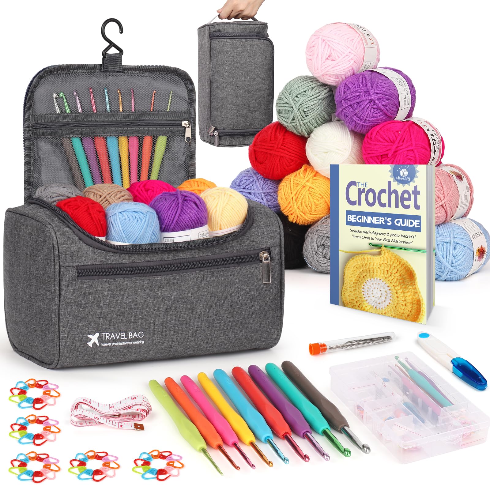 Reessy Crochet Kit for Beginners - 88 PCS Set with Yarn and Storage Bag