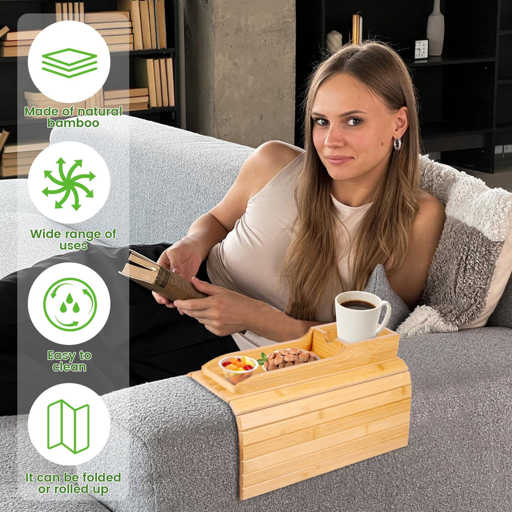 Foldable Sofa Arm Tray Table - Natural Pine Wood Side Table, Armrest Clip Tray, Waterproof Couch Organizer, Drink Snack Remote Control Holder D