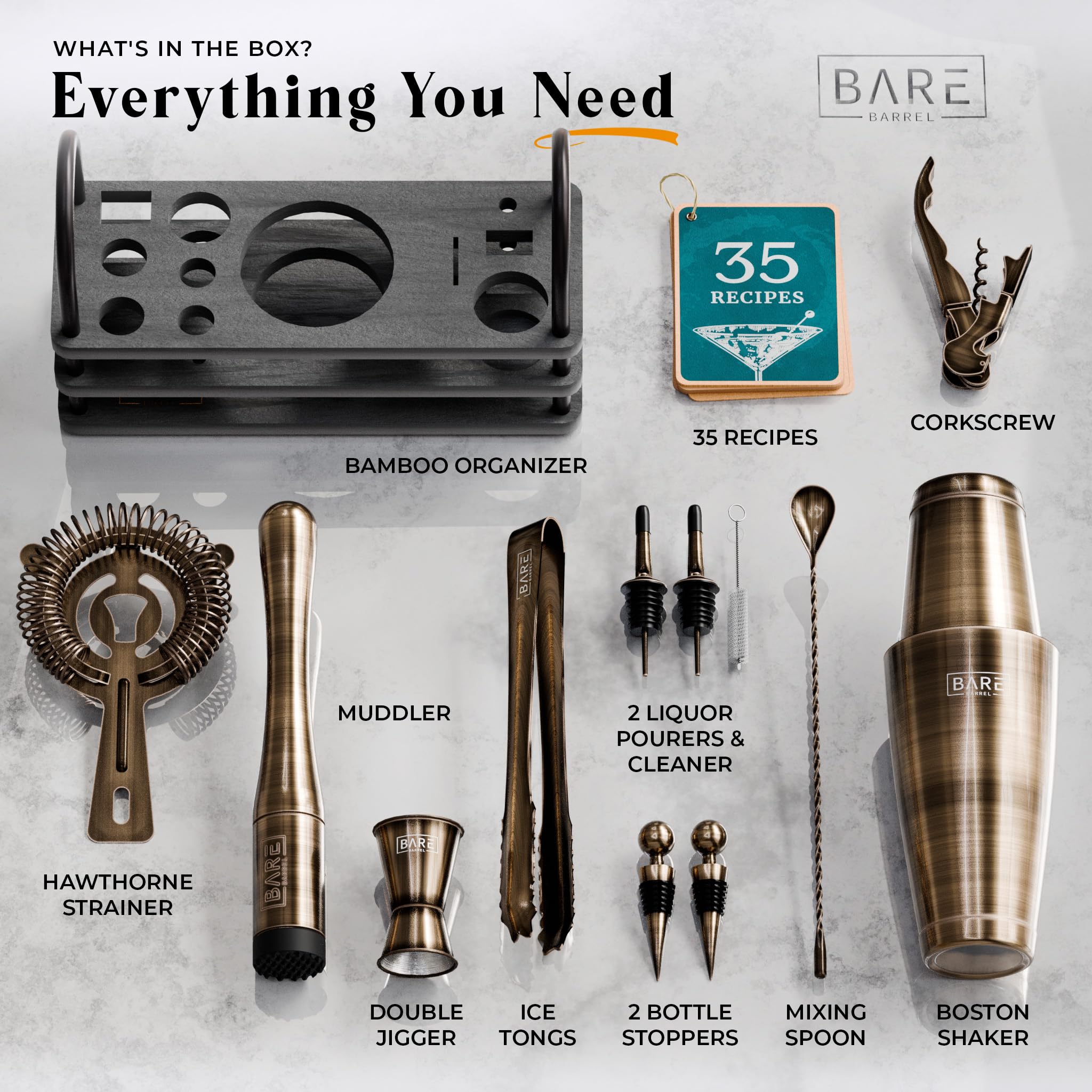 Bare Barrel 14-Piece Cocktail Making Kit with Bamboo Stand & Recipes