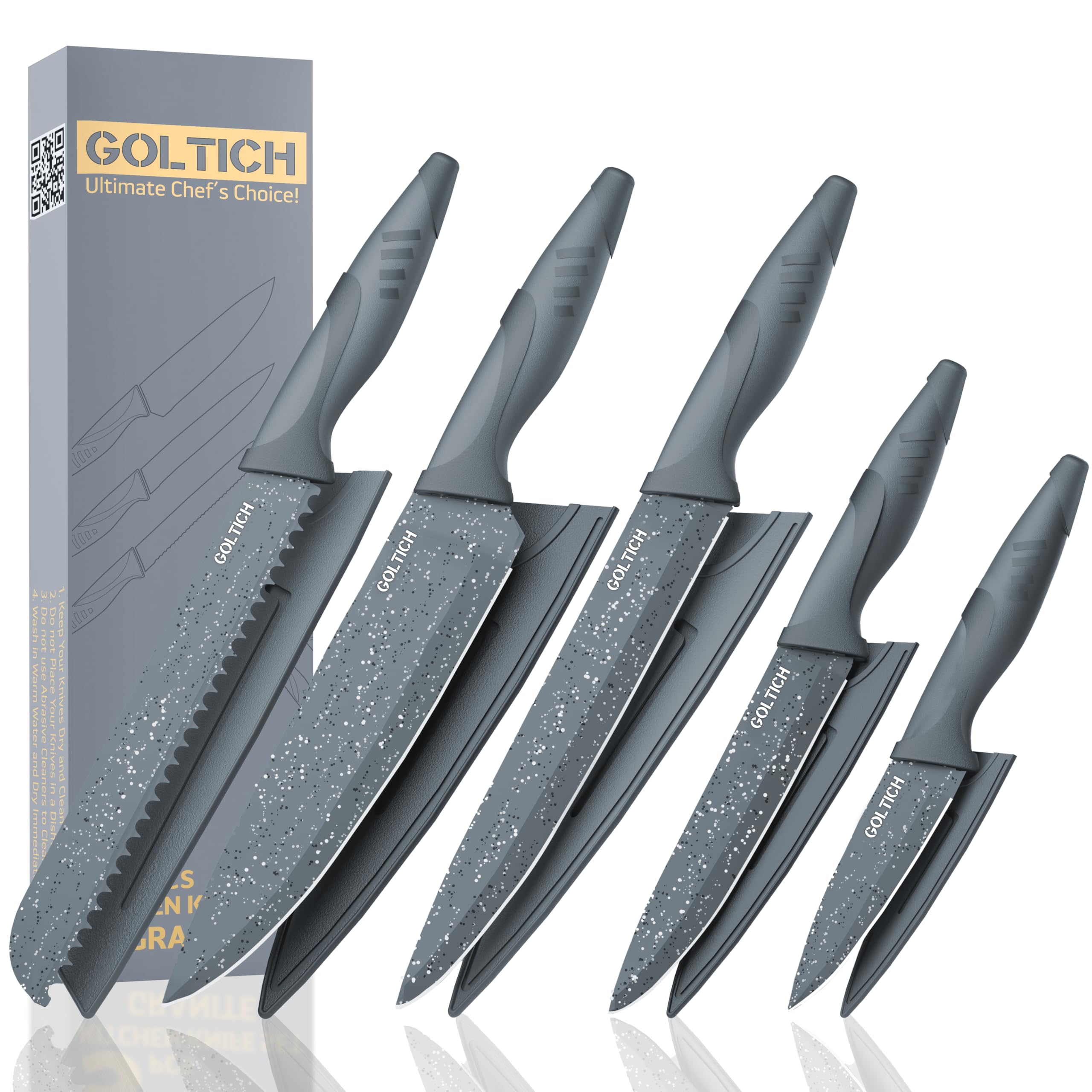 GOLTICH 5-Piece Stainless Steel Kitchen Knife Set with Sheaths – Grey