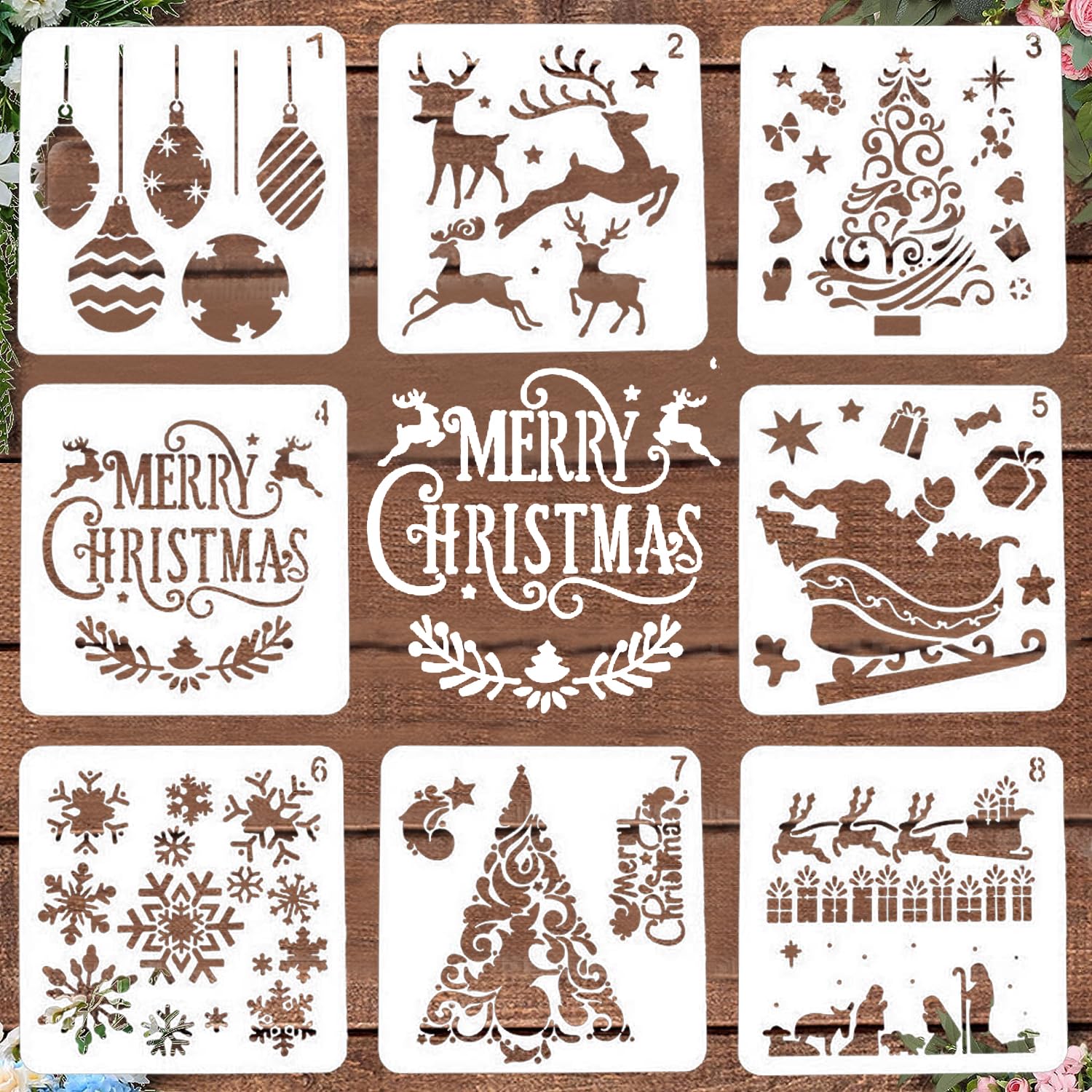LYPER Christmas Stencils – 8 Pack Reusable Plastic Painting Templates