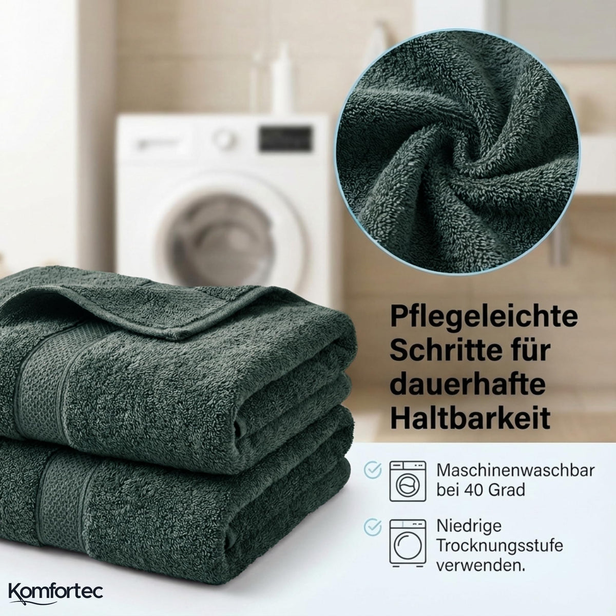 Komfortec 8 Piece Towel Set 100% Cotton Charcoal Dark Green - image 3