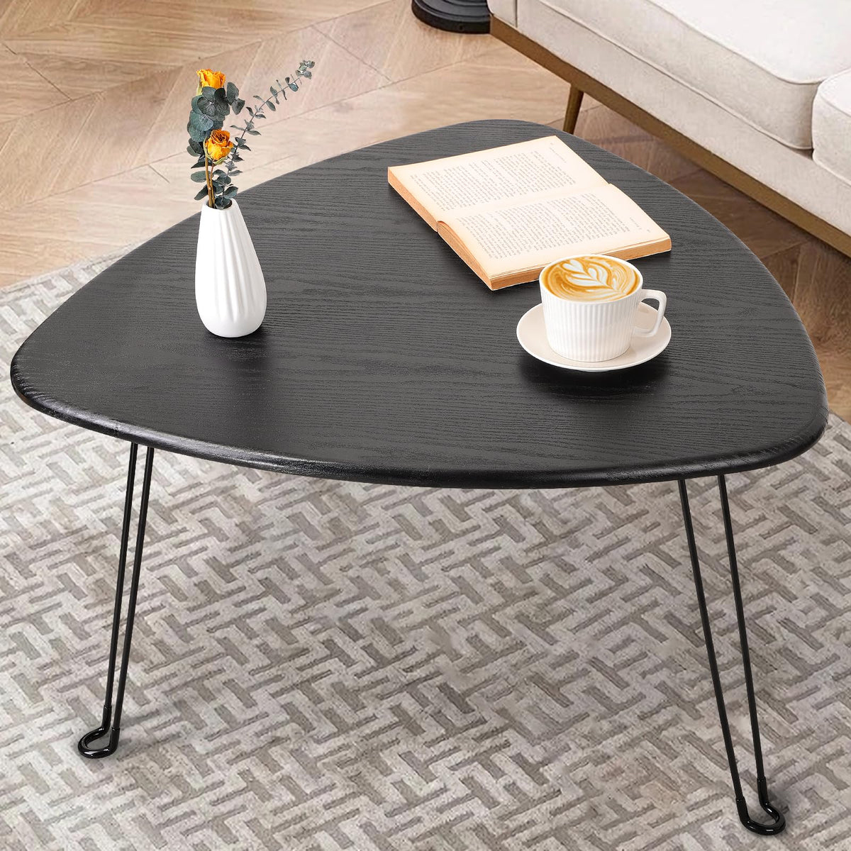 FEUFOAM Black Folding Coffee Table Small Oval Coffee Tables Wooden Triangle Floor Desk for Sitting on the Floor Mid Century Modern Center Sofa Table - image 1