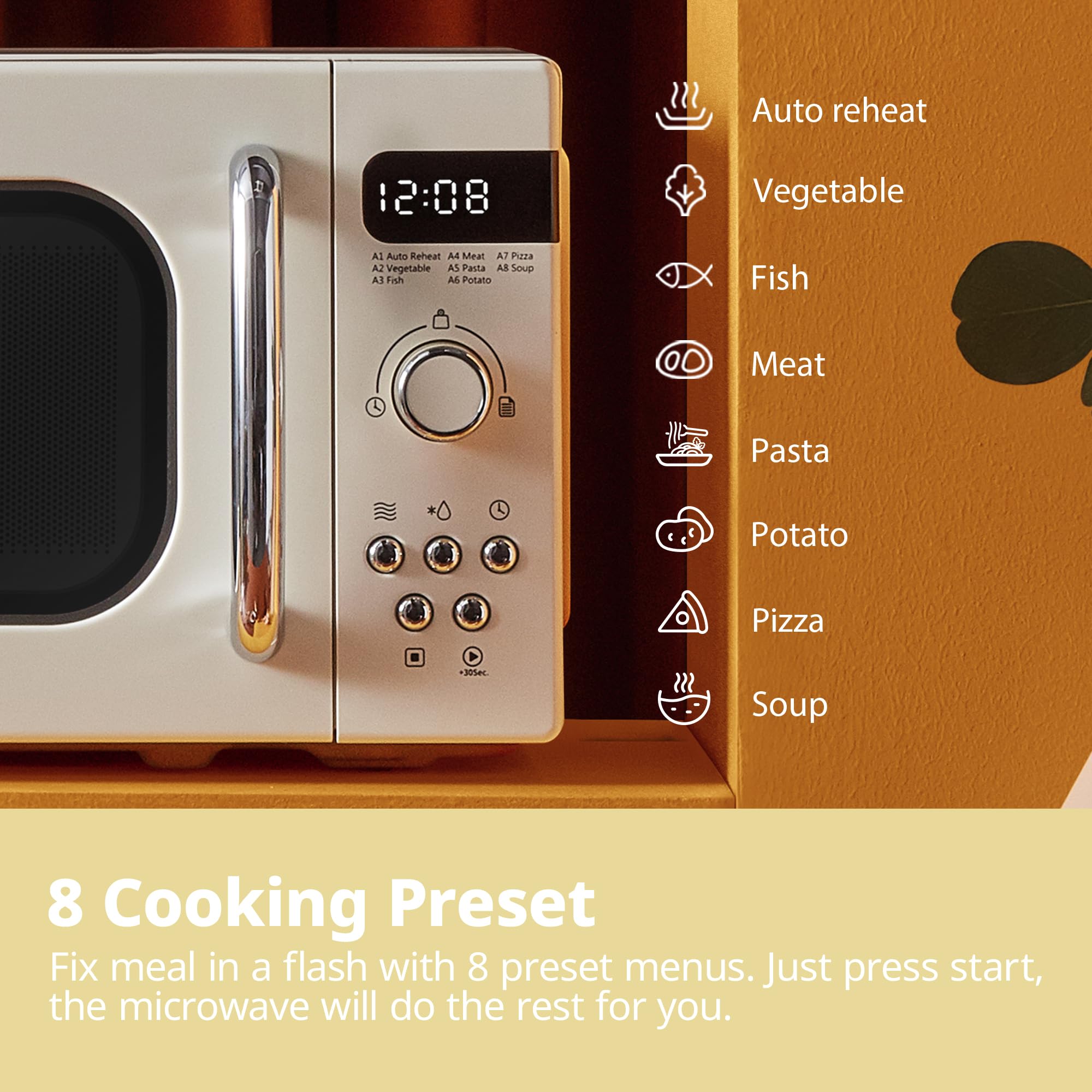 COMFEE' Retro Microwave Oven | 800W 20L with 8 Auto Menus – Apricot Cream