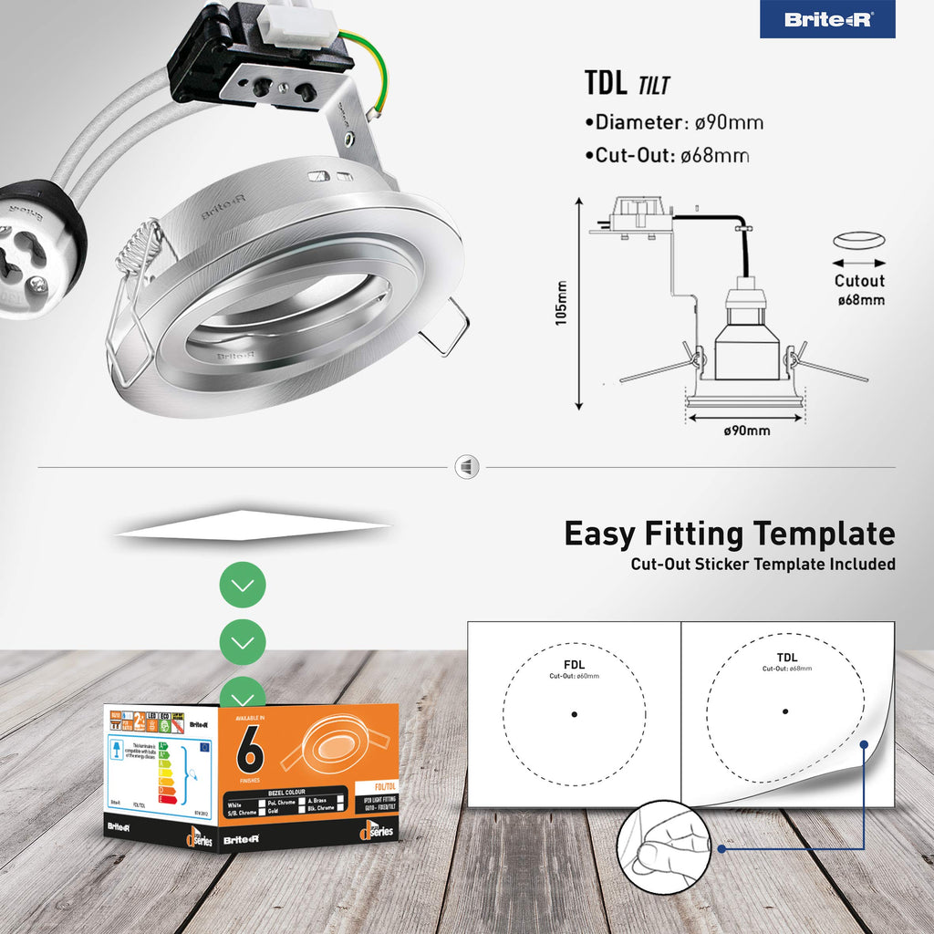 Brite-R 6-Pack GU10 Tilt Recessed Downlights | Satin Chrome Ceiling Spotlights
