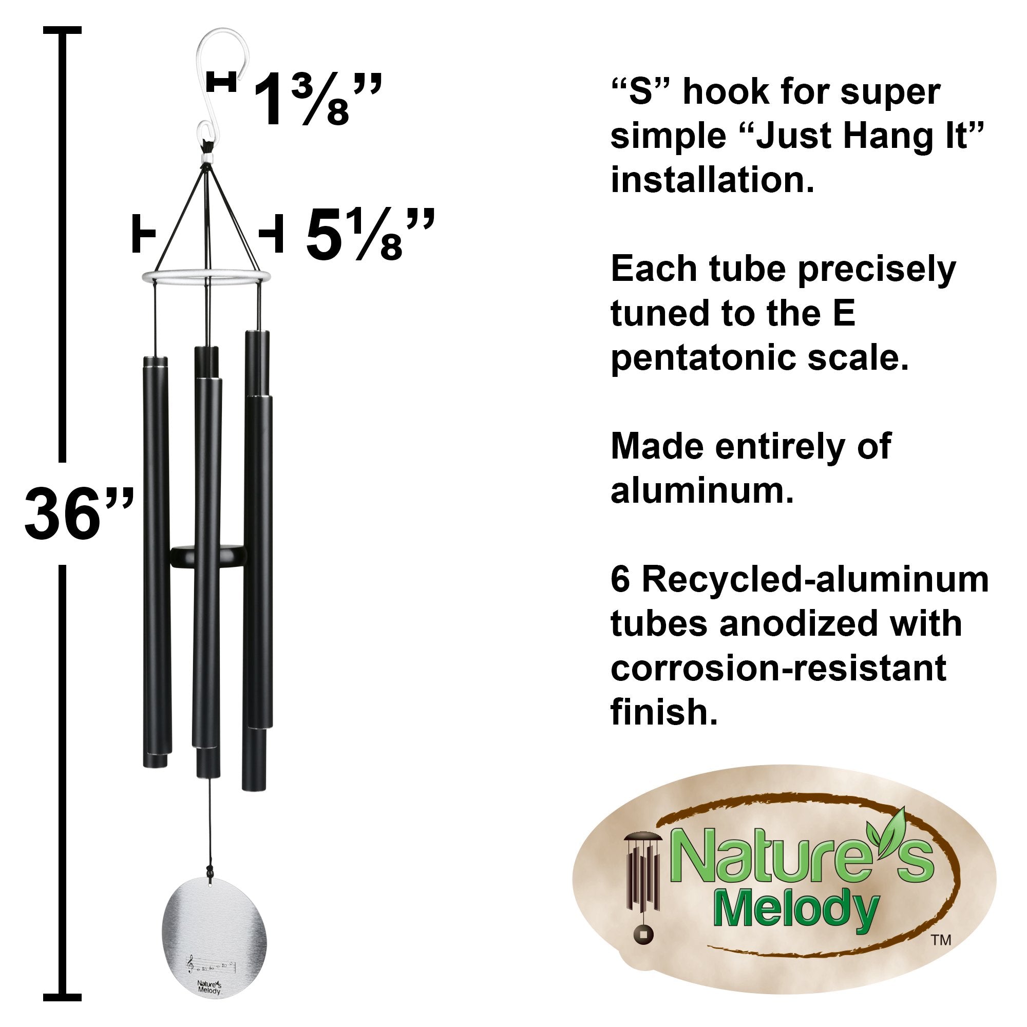 Nature's Melody Aureole Tunes Windchime – 36-Inch Black Recycled Aluminium