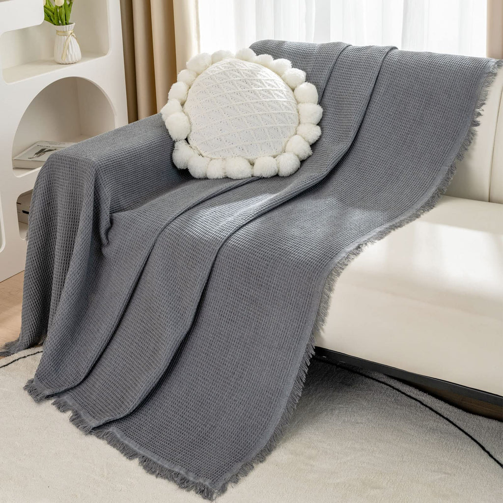 LHGOGO Woven Waffle Sofa Throw – Large 3 Seater Reversible Cotton Grey