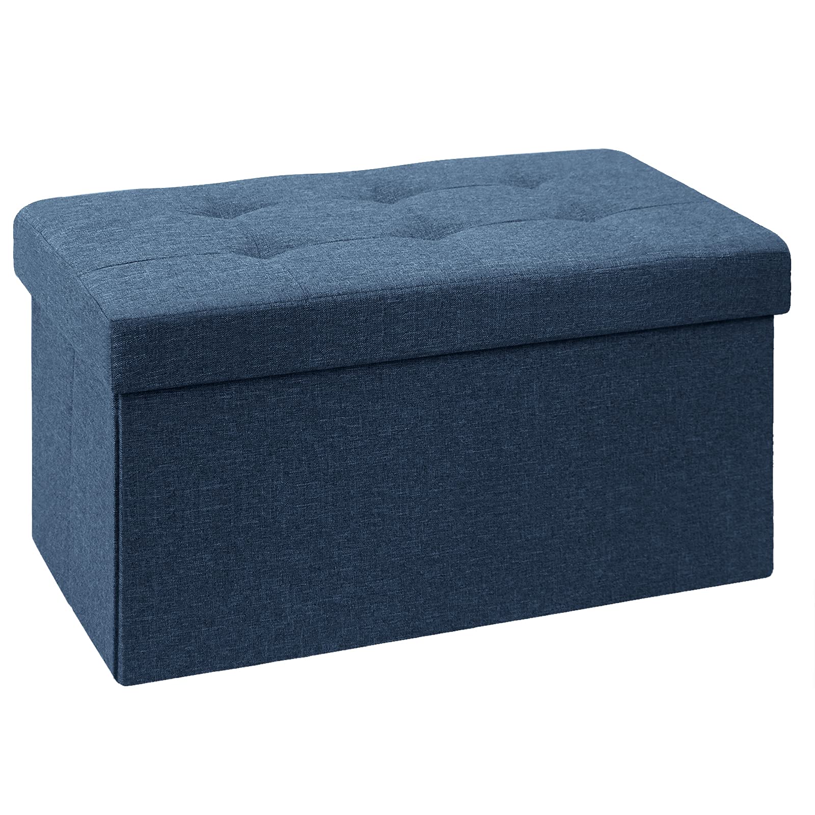 BRIAN & DANY Folding Storage Ottoman | Navy Blue Linen Footstool Bench