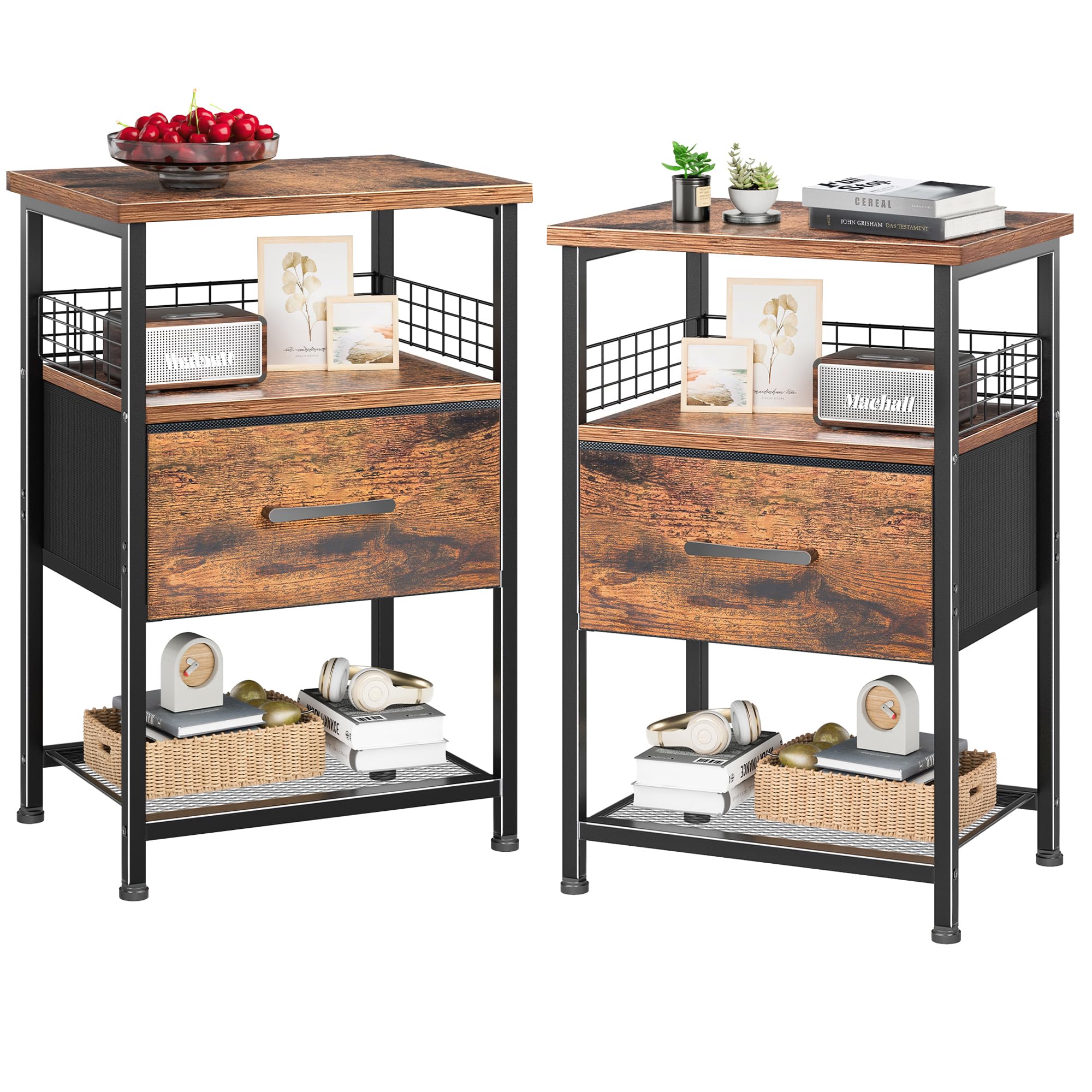 LAKEMID Nightstand Set of 2 | 3-Tier Bedside Tables with Fabric Drawer