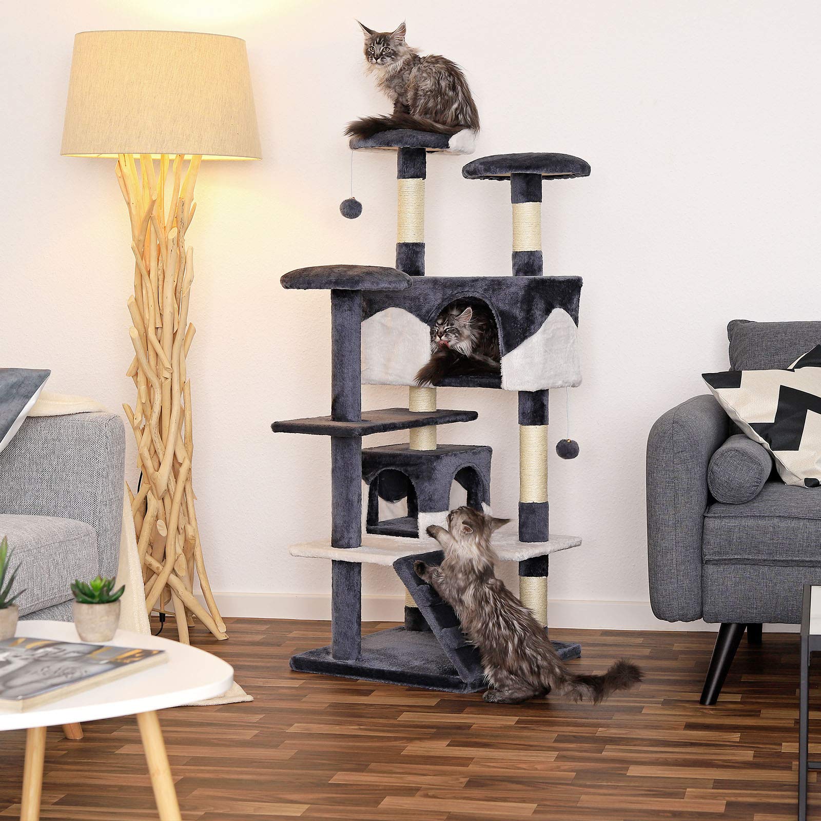 lionto dibea Cat Tree Activity Centre – 130cm Scratching Post, Grey/White