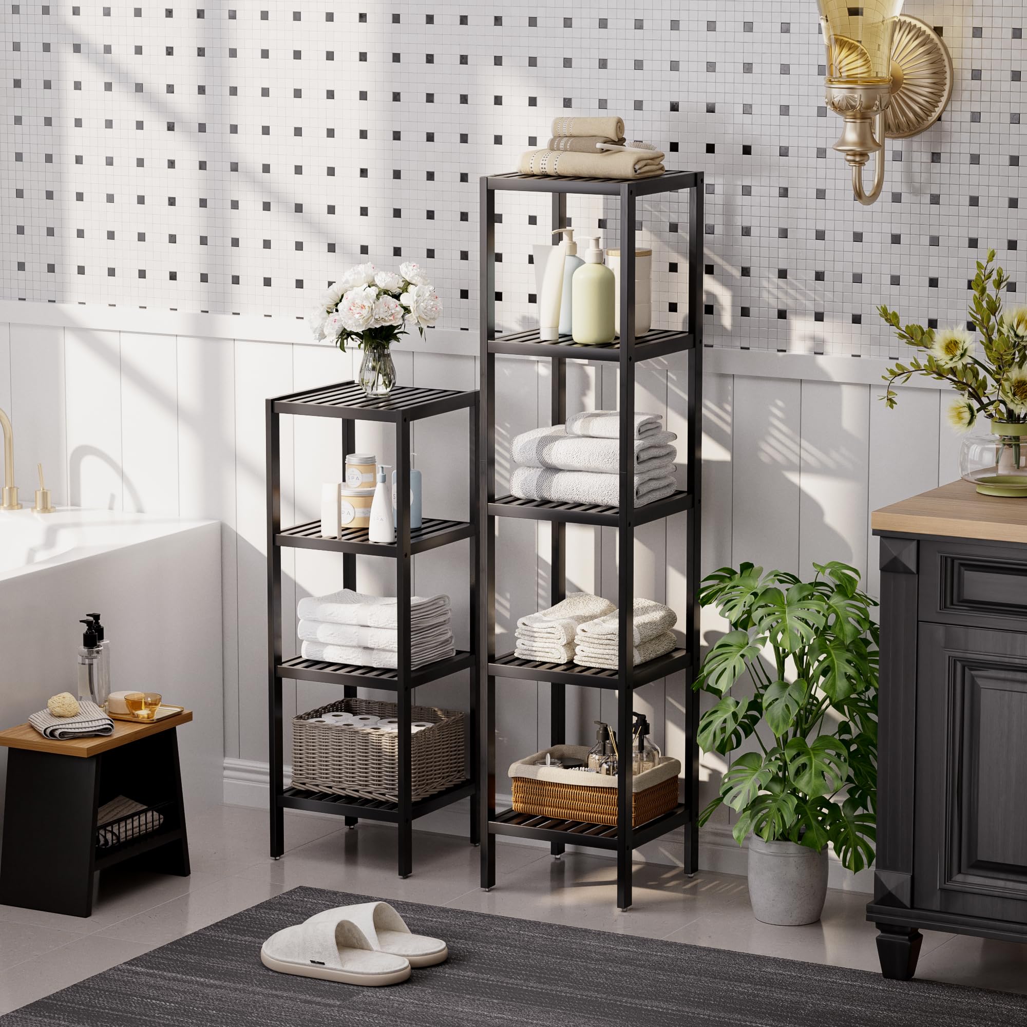 SMIBUY 5-Tier Bamboo Bathroom Storage Shelf – Space-Saving Corner Rack, Black