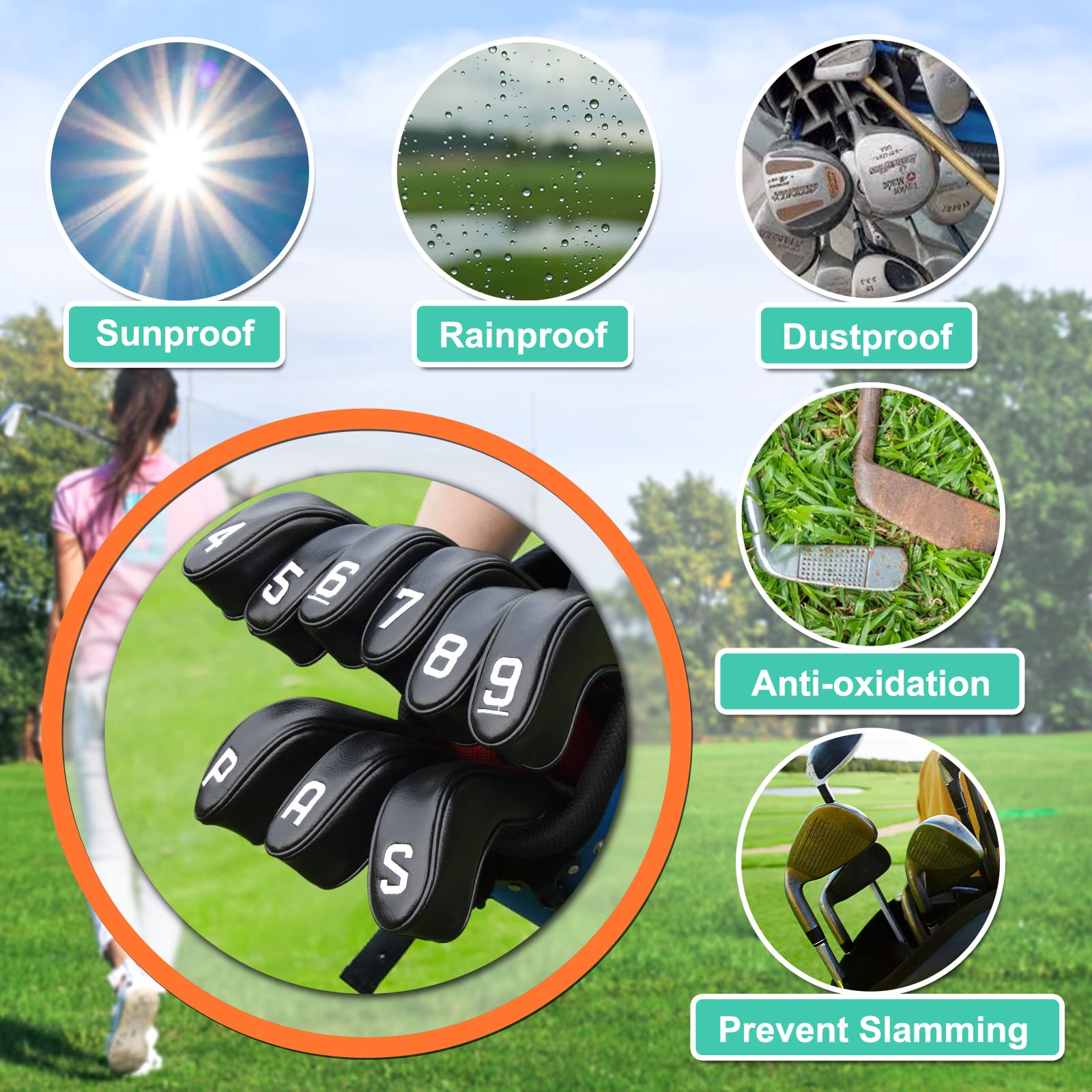 Big Teeth Golf Hybrid Iron Headcovers - 9Pc Synthetic Leather Long Neck Set