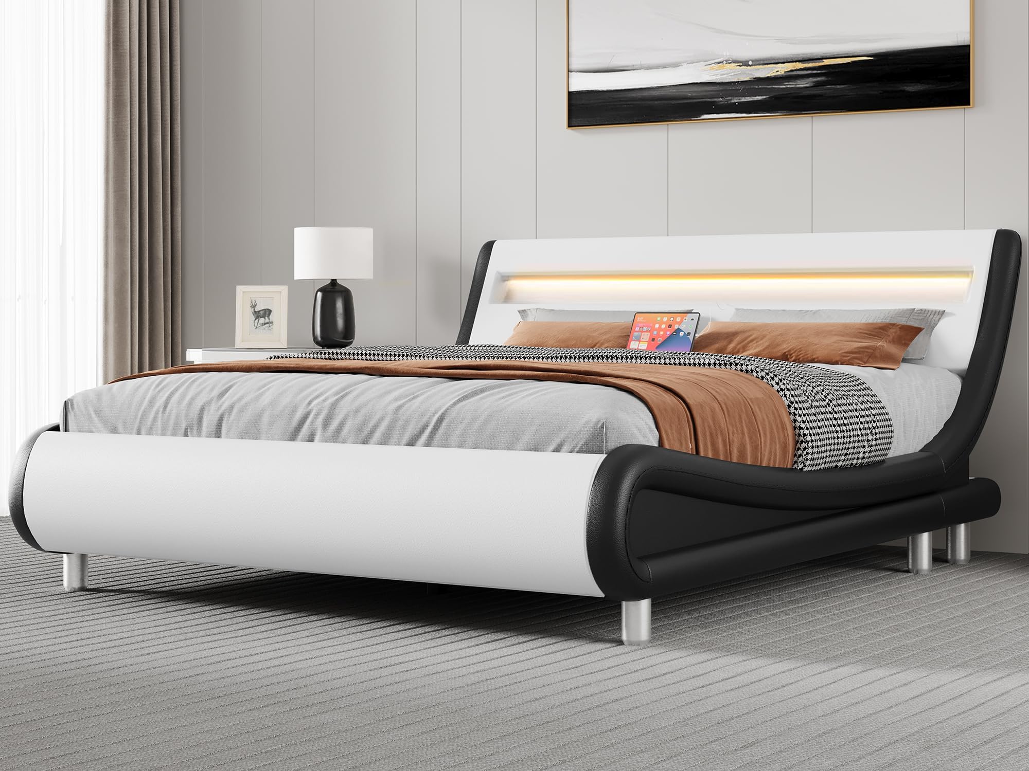 YITAHOME King LED Bed Frame | Upholstered Platform with Charging Station