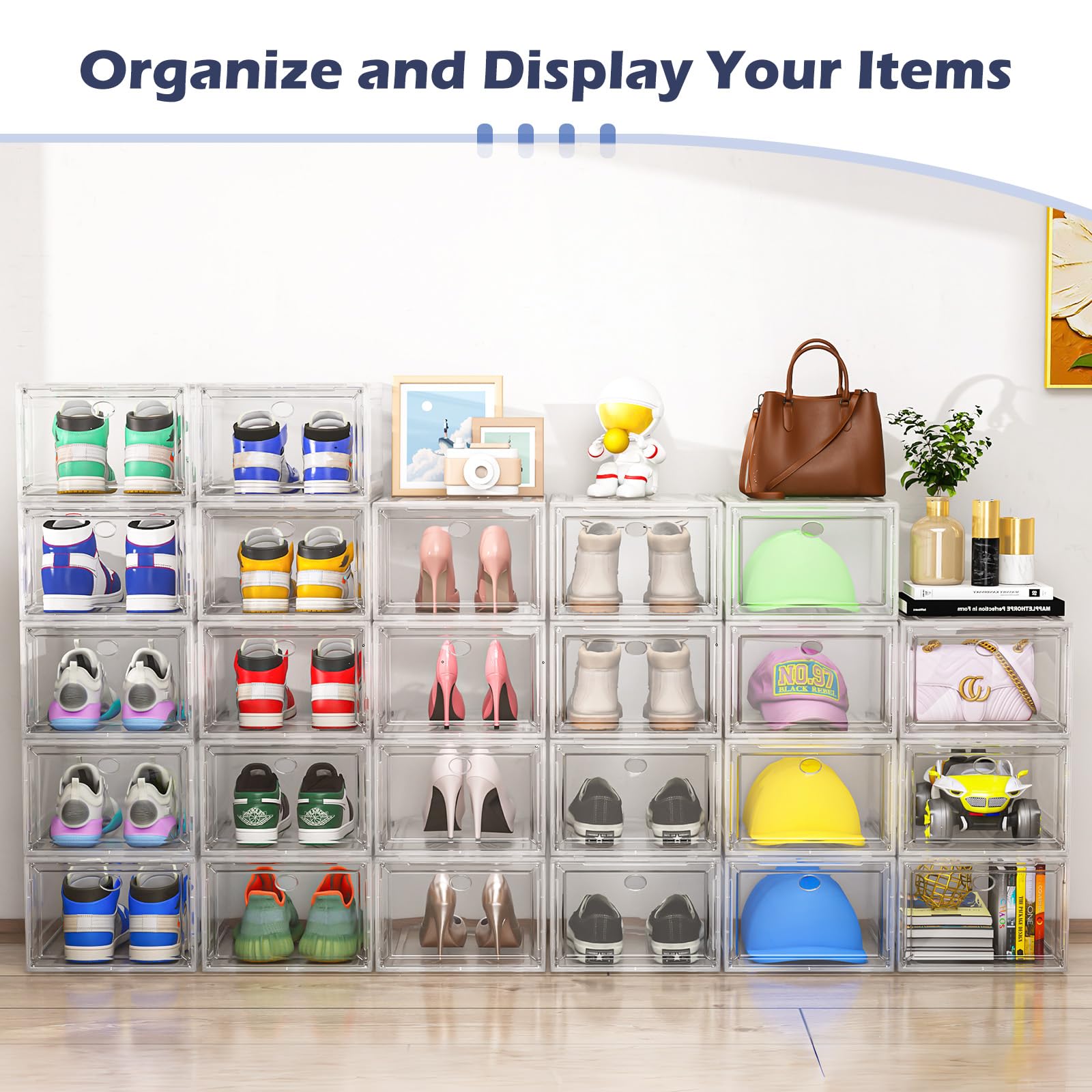 TidyTrove Stackable Shoe Storage Box – 9 Pack Clear Plastic Magnetic Case