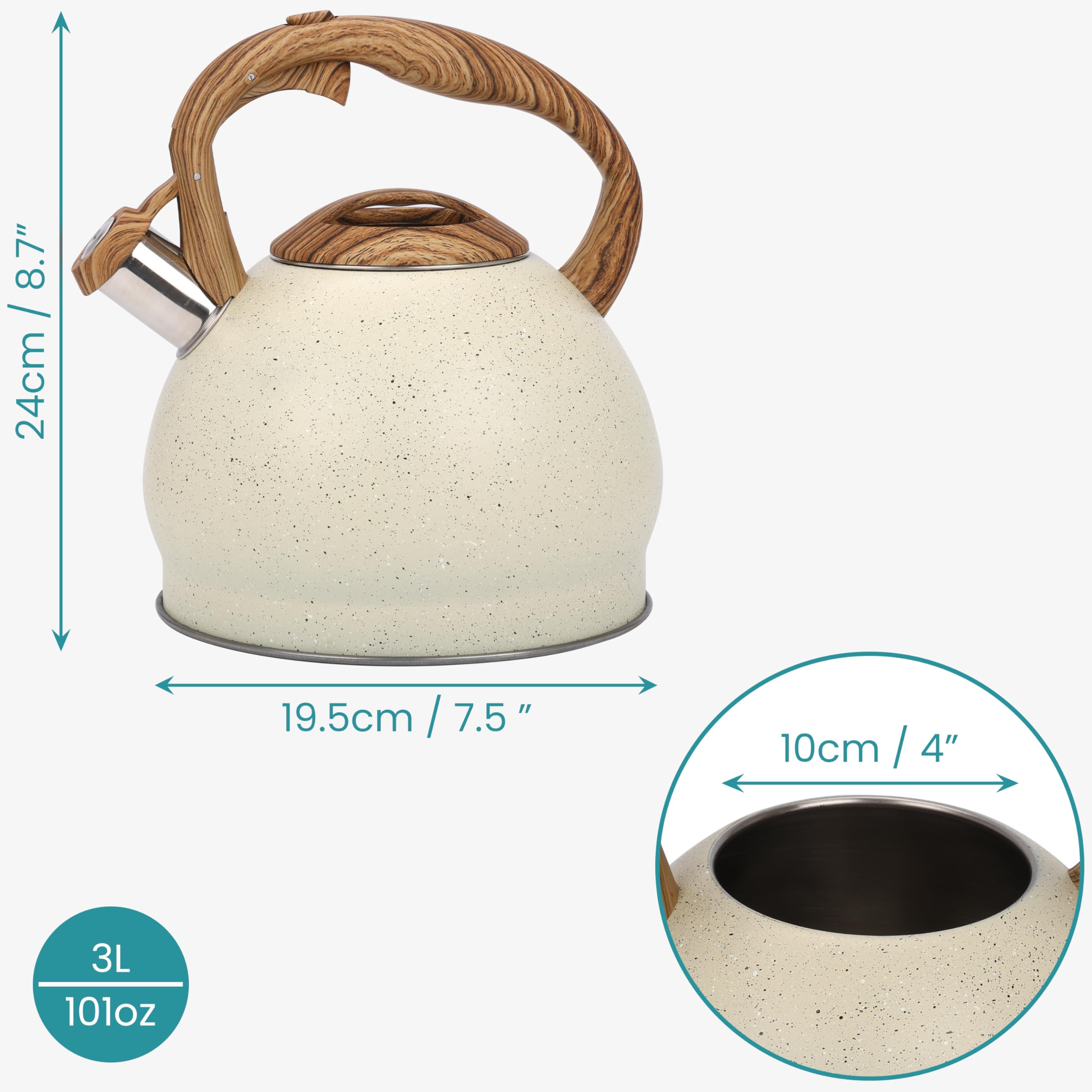 Belle Vous 3L Whistling Tea Kettle – Beige Stainless Steel Stovetop Pot