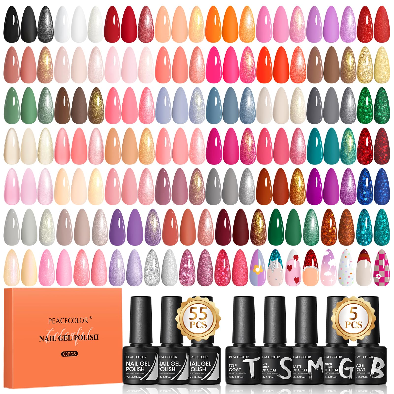 Peacecolor 60-Piece Gel Nail Polish Set | 55 Colors with Top & Base Coat