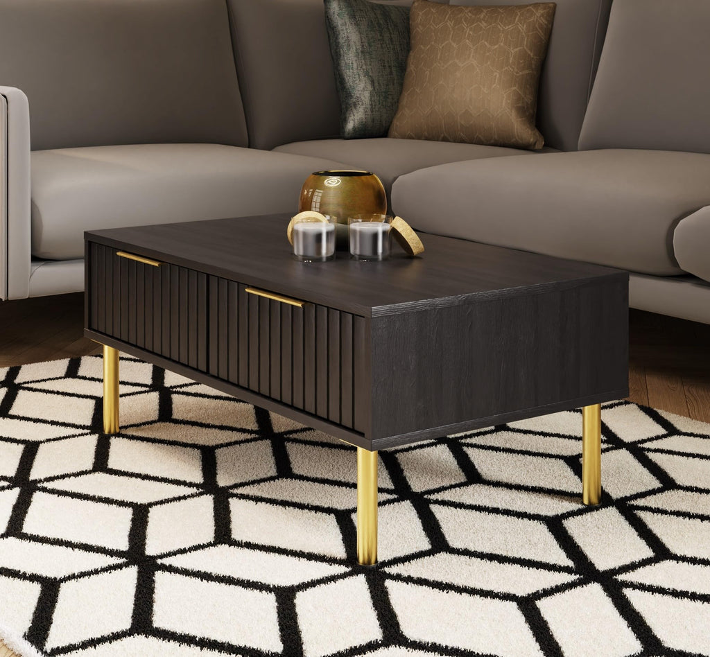 GFW Nervata Coffee Table, Black Coffee Table with 2 Drawers, Art Deco Style Living Room Table with Gold Accents and Wood Grain Texture - image 1