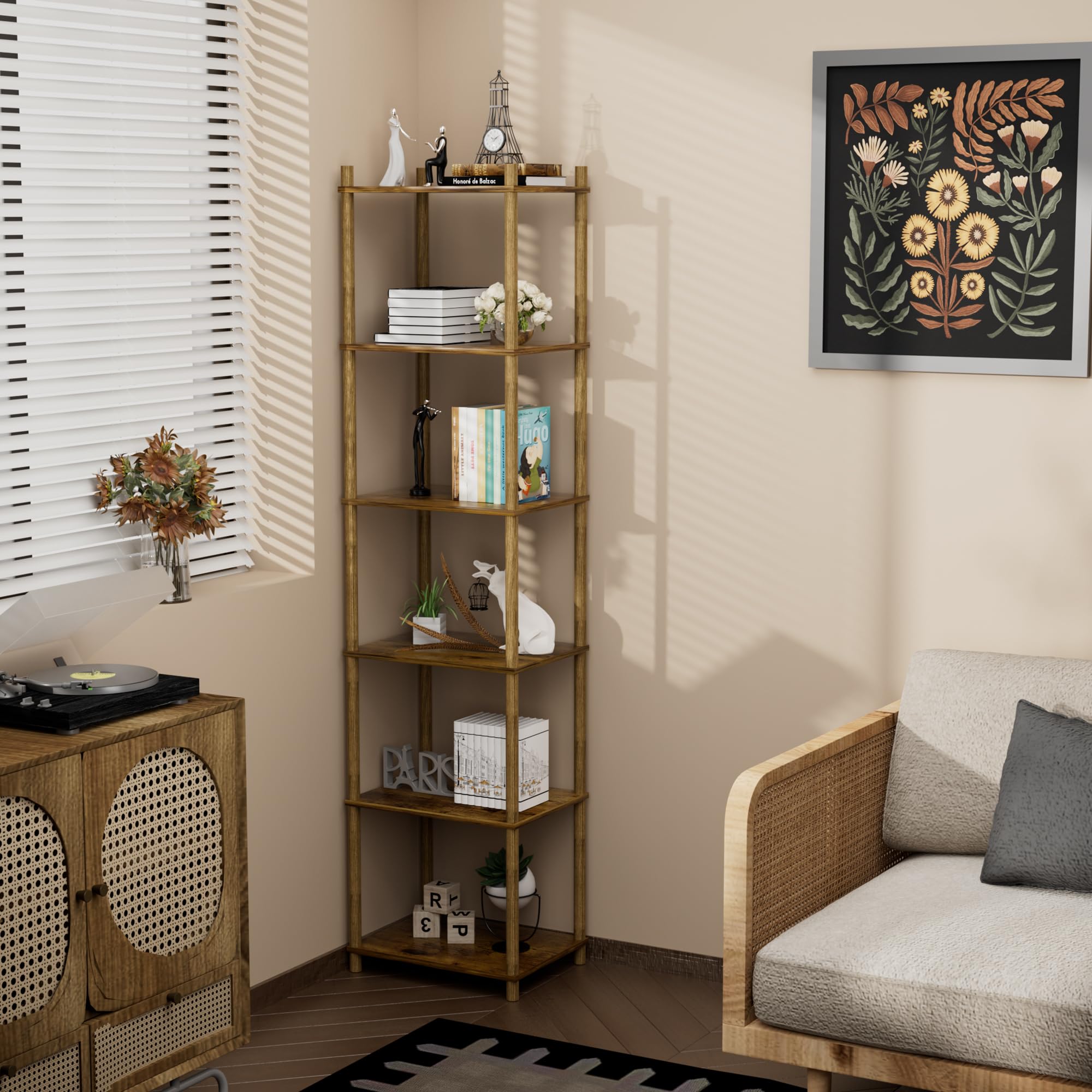 YGYQZ 6-Tier Narrow Bookshelf – Tall Rustic Brown Corner Storage Unit