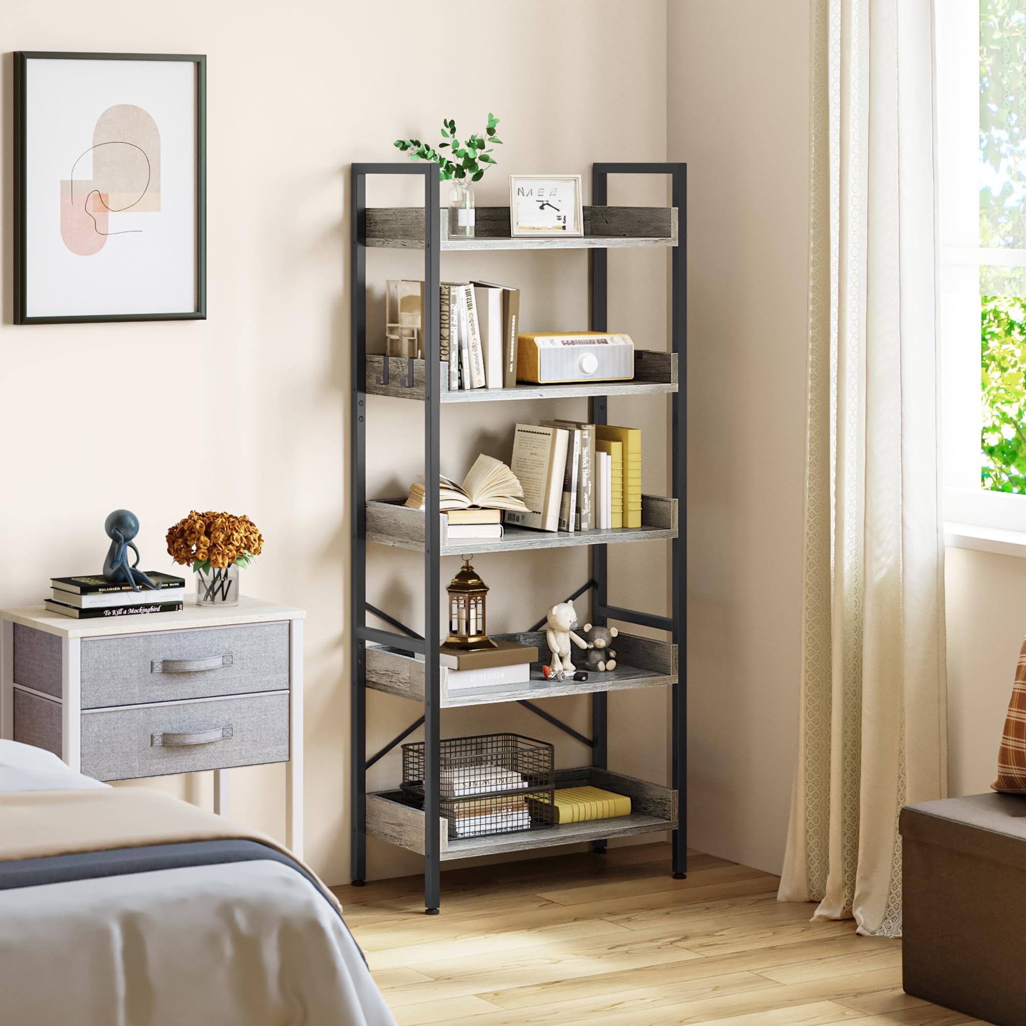 YITAHOME 5-Tier Industrial Bookcase – Rustic Wood and Metal Storage Shelf