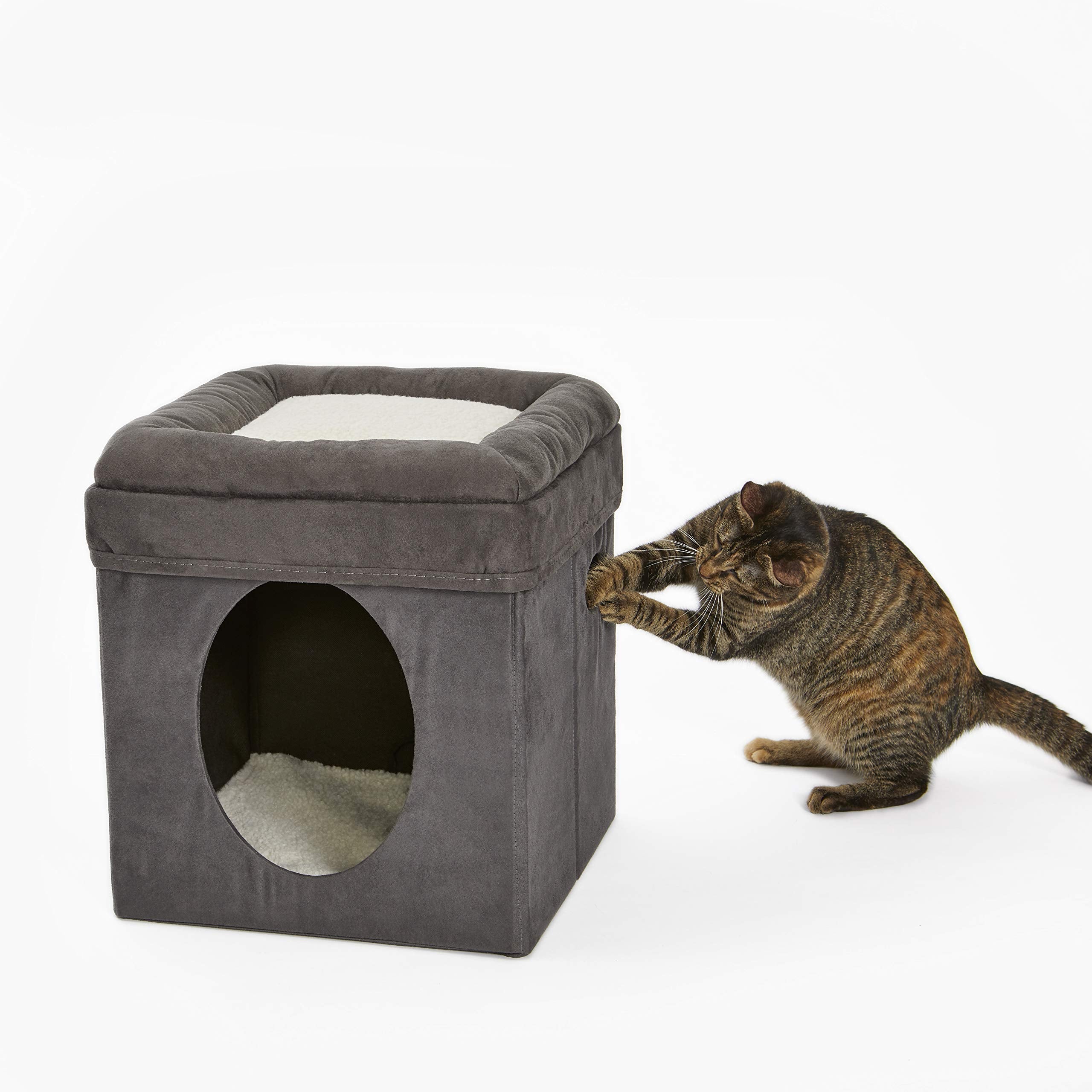 New World Cat Cube with Bed Topper – Collapsible Gray Pet Hideaway