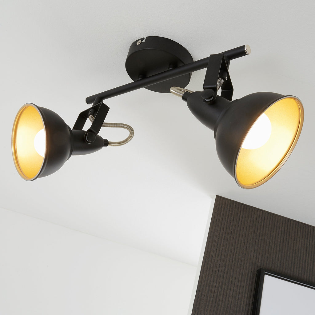 Briloner Leuchten Retro Ceiling Light – 2-Spot Black & Gold Metal Lamp