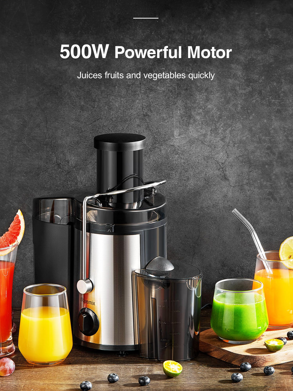Reemix Centrifugal Juicer - 500W Wide Mouth Fruit & Vegetable Extractor