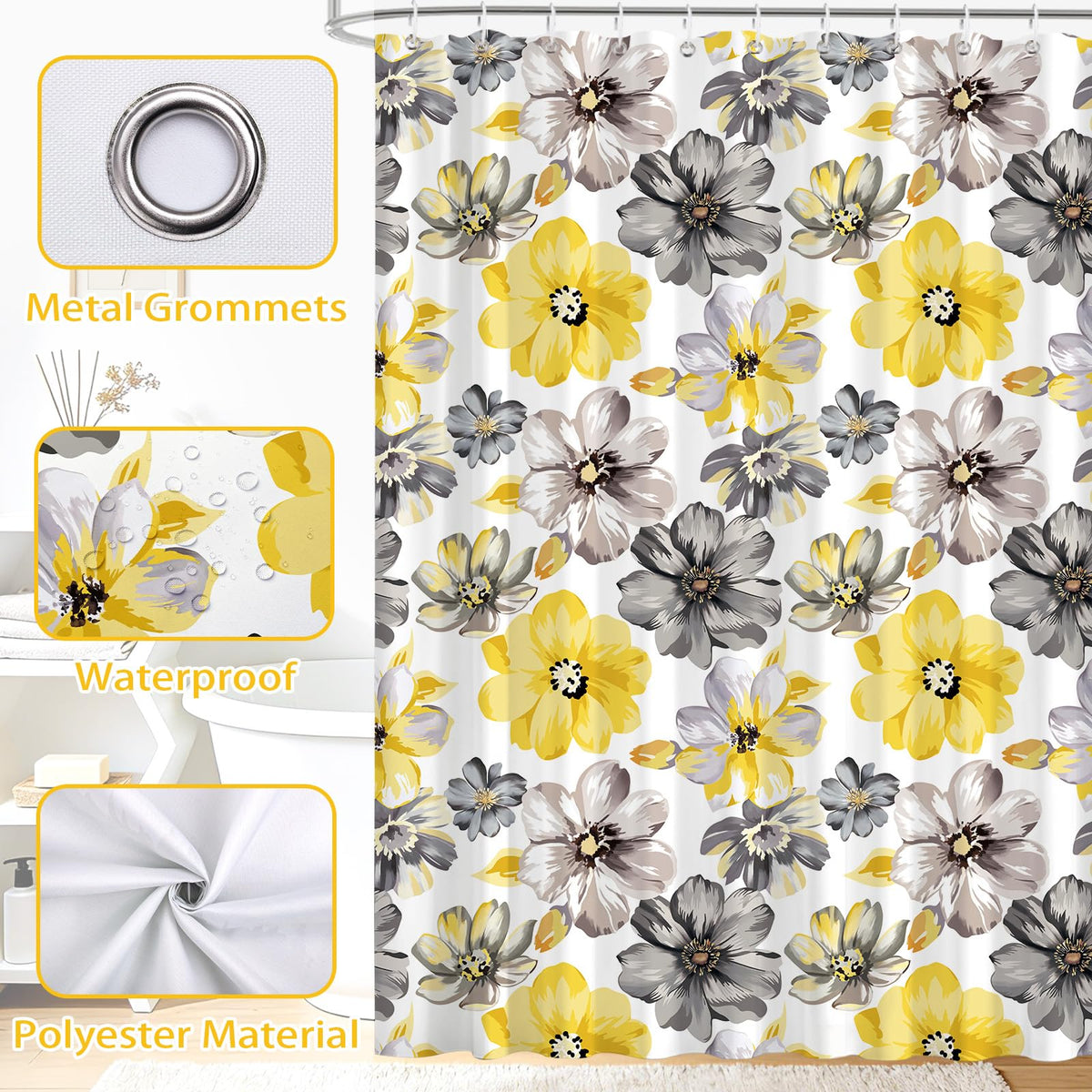 hometrixx Spring Farmhouse Floral Yellow Gray Shower Curtain 180x180cm - image 5