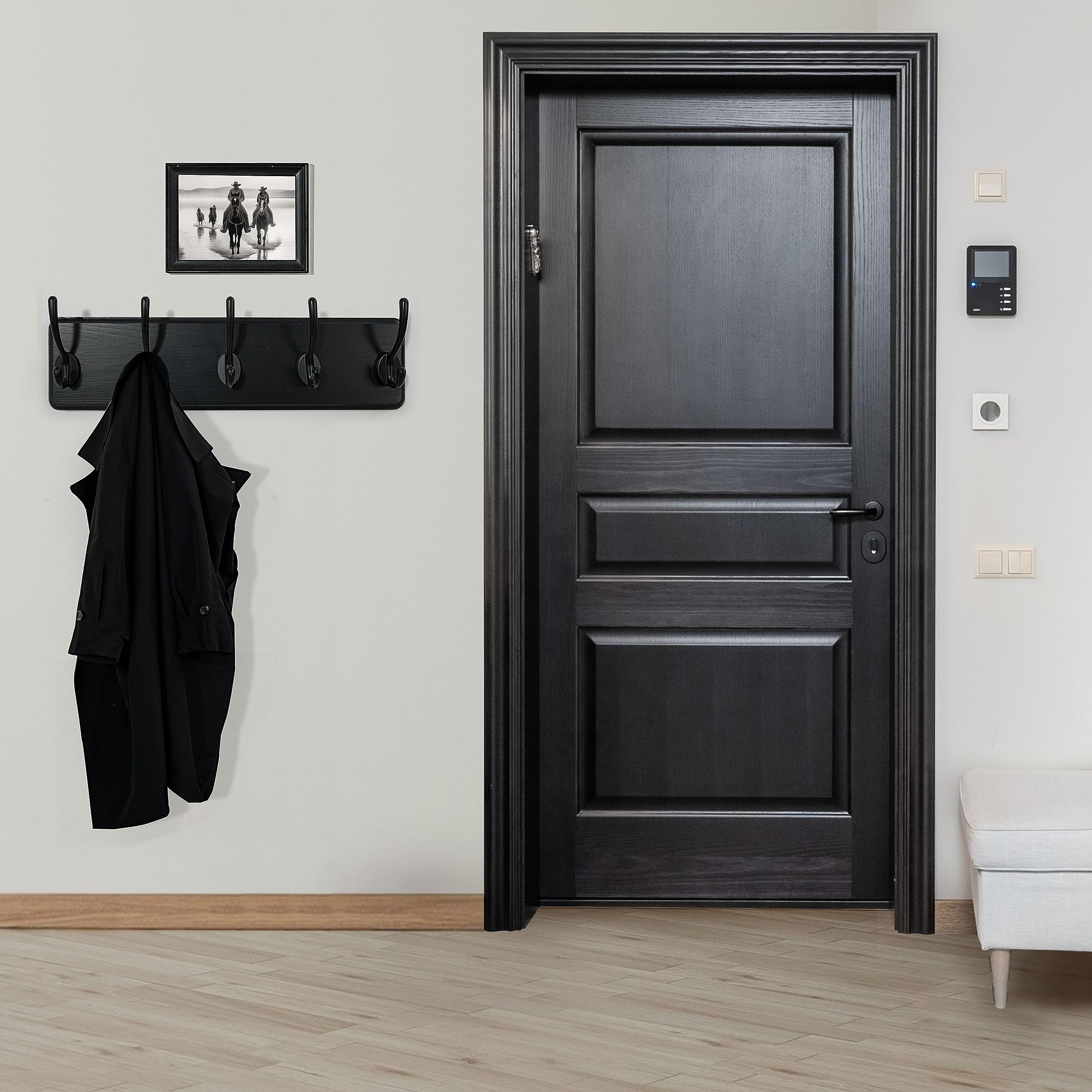 WEBI Solid Wood Wall Mounted Coat Rack – 5 Hooks, Rustic Black, 2 Pack