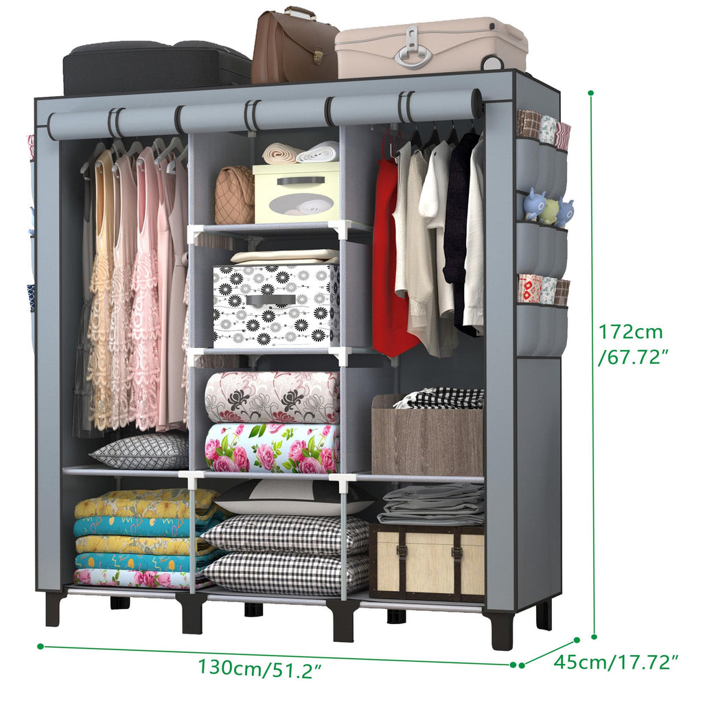 chunyangjingpin Portable Closet with 2 Hanging Rails & 8 Shelves, Bedroom Wardrobe with 18 Side Pockets, Foldable Garment Organiser Grey